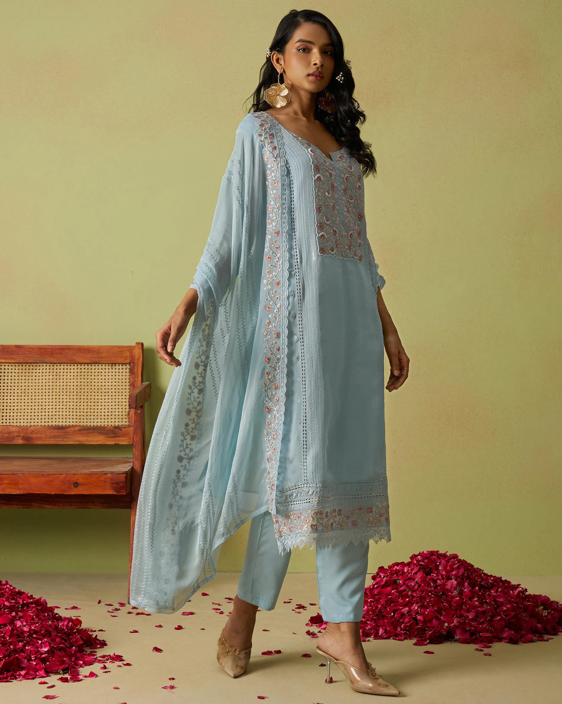 Sky Blue Pure Organza Rich Embroidered Readymade Salwar Suit