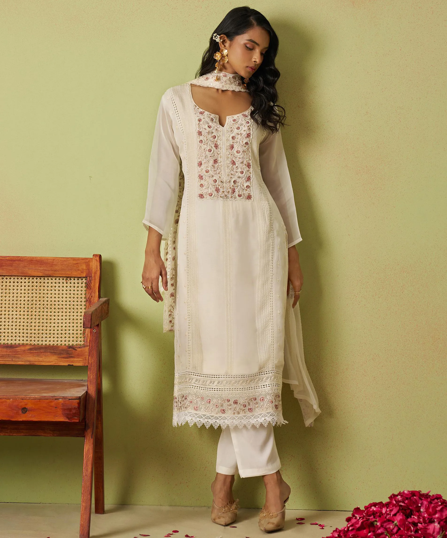 Cream Pure Organza Rich Embroidered Readymade Salwar Suit