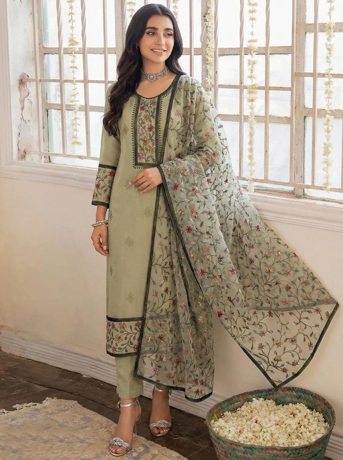 Olive Green Georgette Straight Ready To Wear Salwar & Pant Style Suit