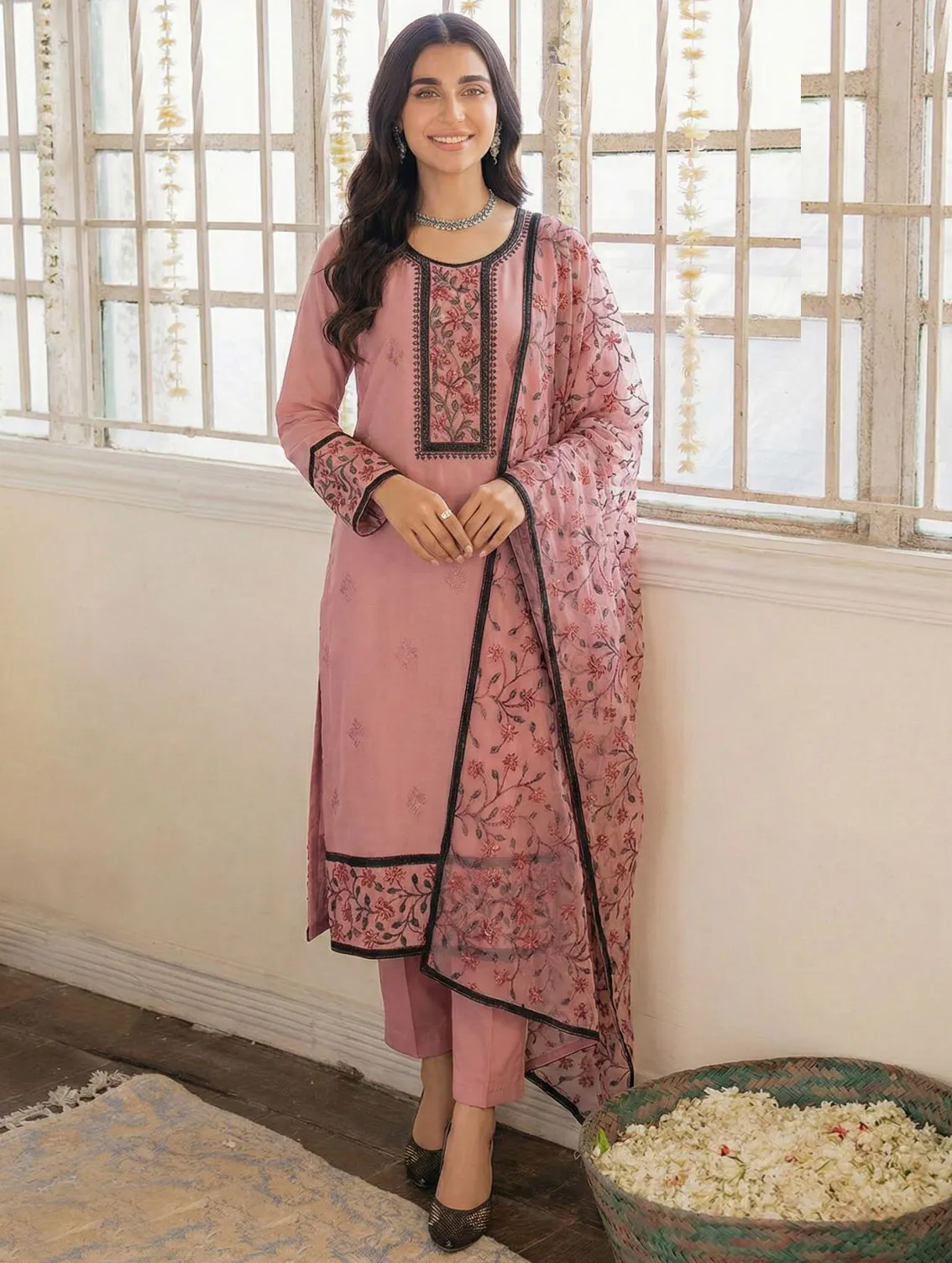 Pink Georgette Straight Ready To Wear Salwar & Pant Style Suit