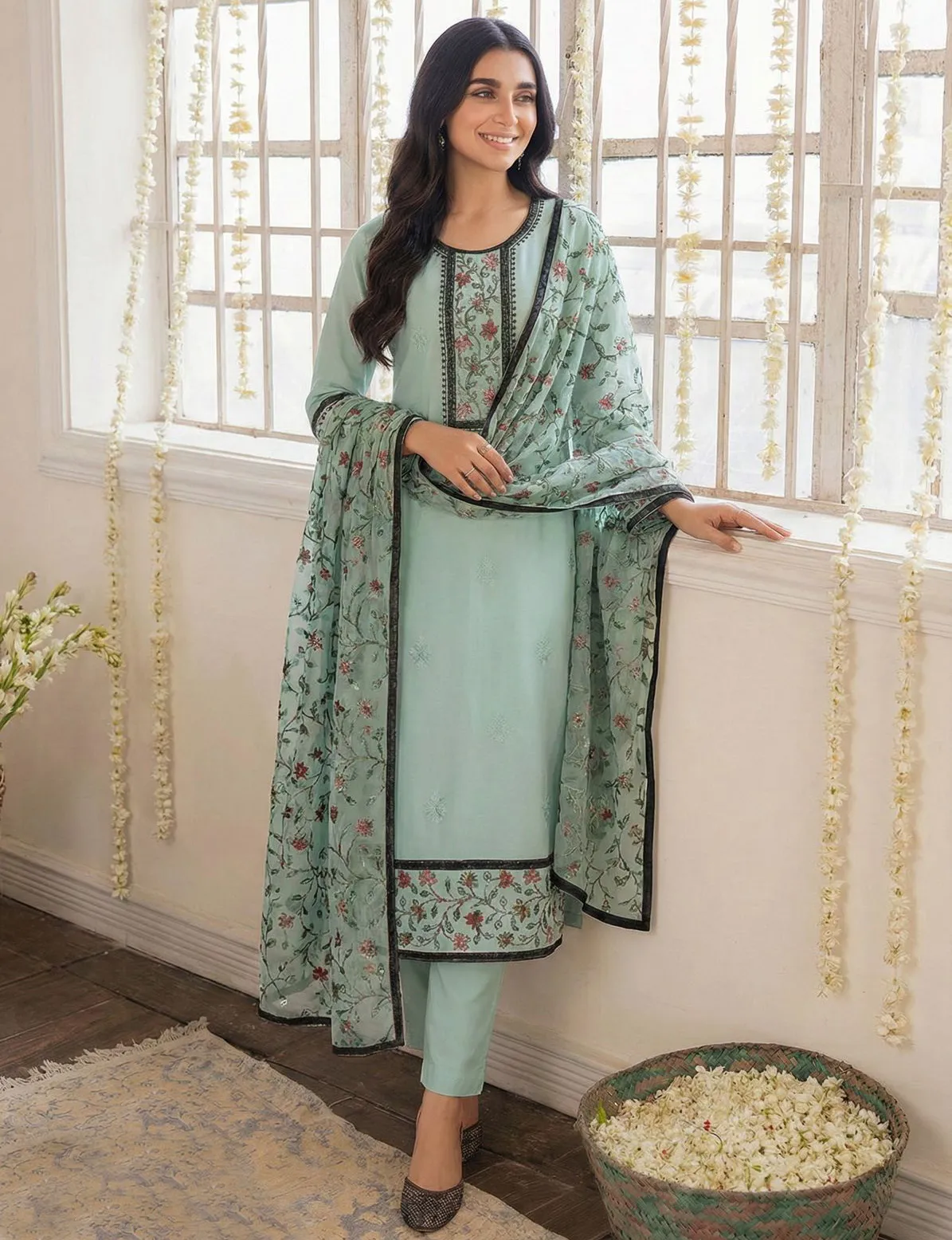 Sky Blue Georgette Straight Ready To Wear Salwar & Pant Style Suit