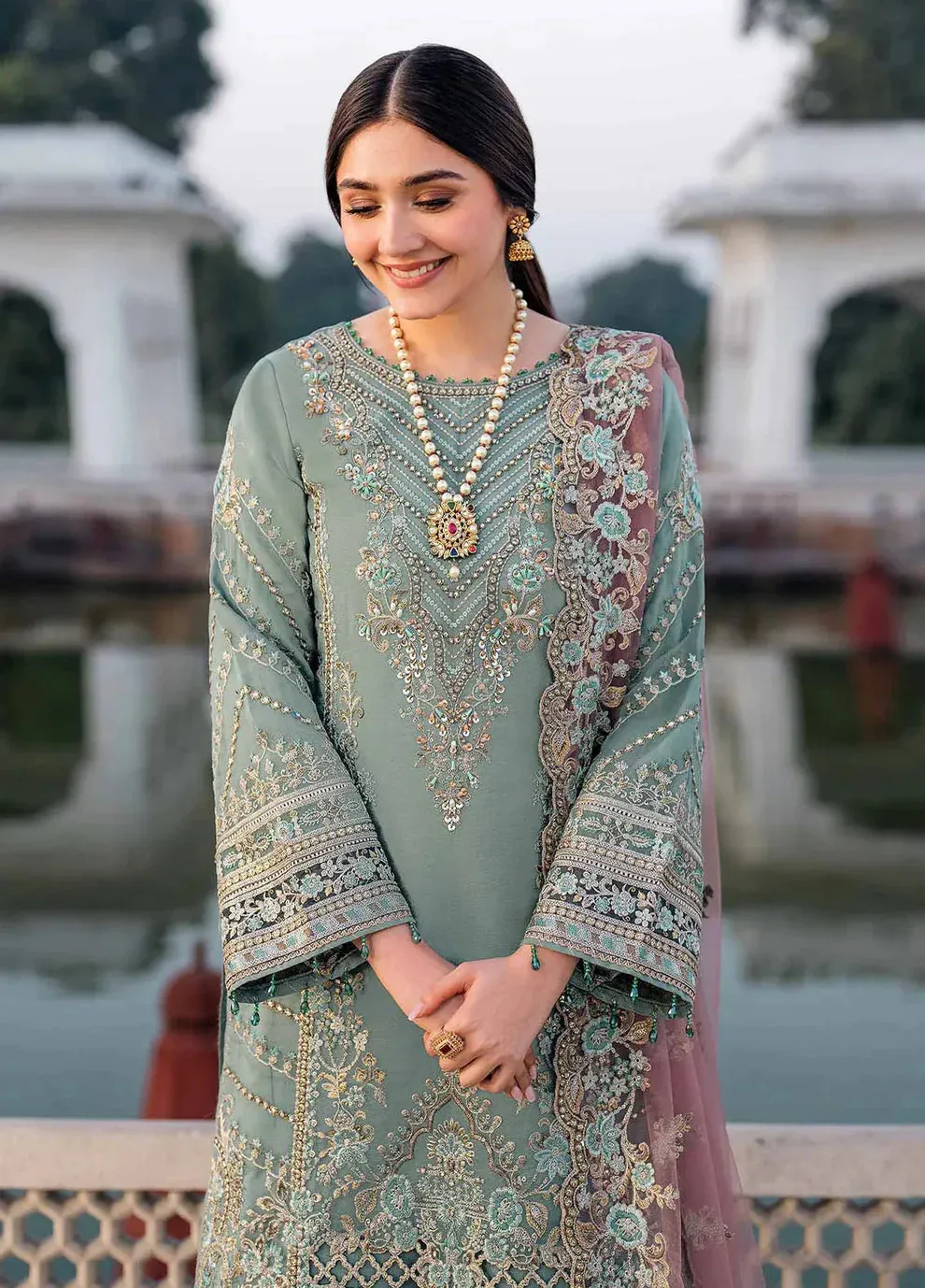 Sage Green Georgette Heavy Embroidered Pakistani Suit - Image 3