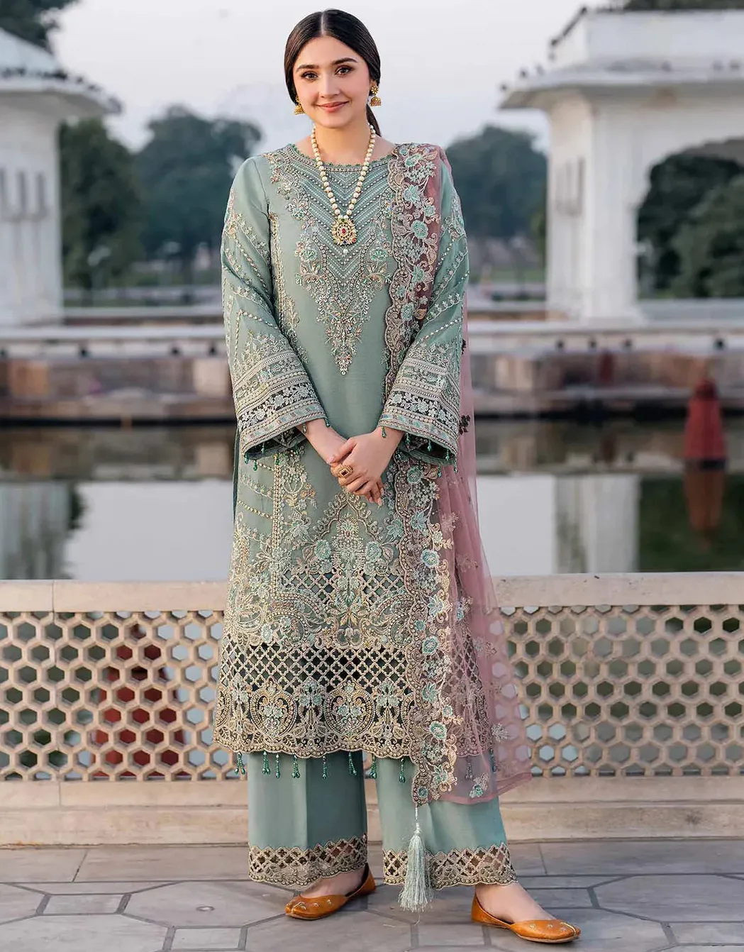 Sage Green Georgette Heavy Embroidered Pakistani Suit