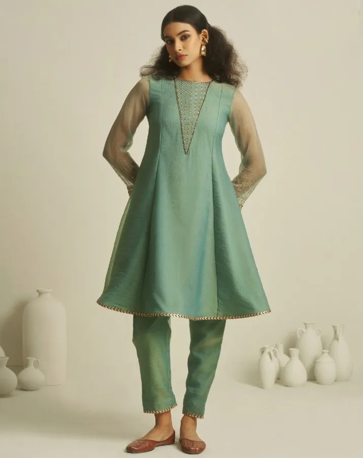 Sea Green Pure Tissue Handwork Kurti With Pant