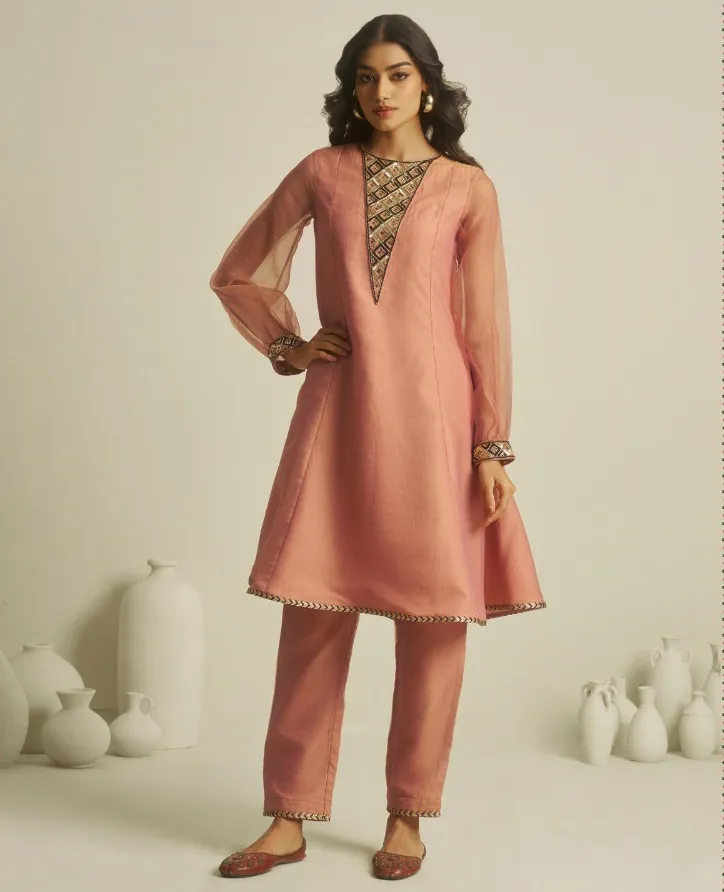 Peach Pure Tissue Handwork Kurti With Pant