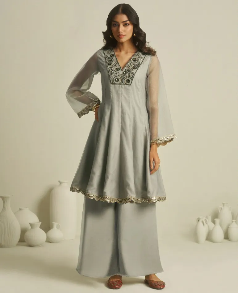 Grey Pure Tissue Handwork Kurti With Pant
