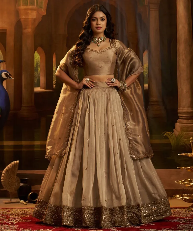 Brown Organza Sequins Work Party Wear Lehenga