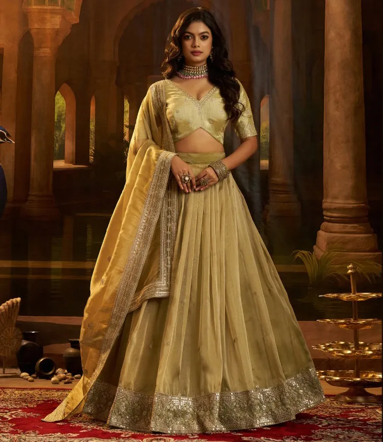 Beige Organza Sequins Work Party Wear Lehenga