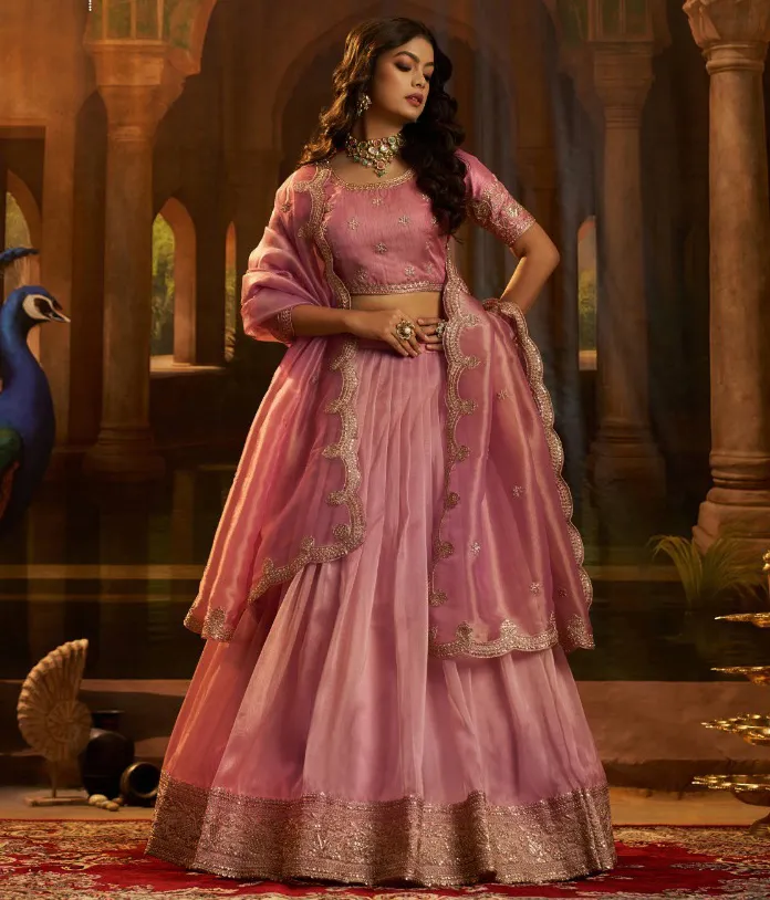Pink Organza Sequins Work Party Wear Lehenga
