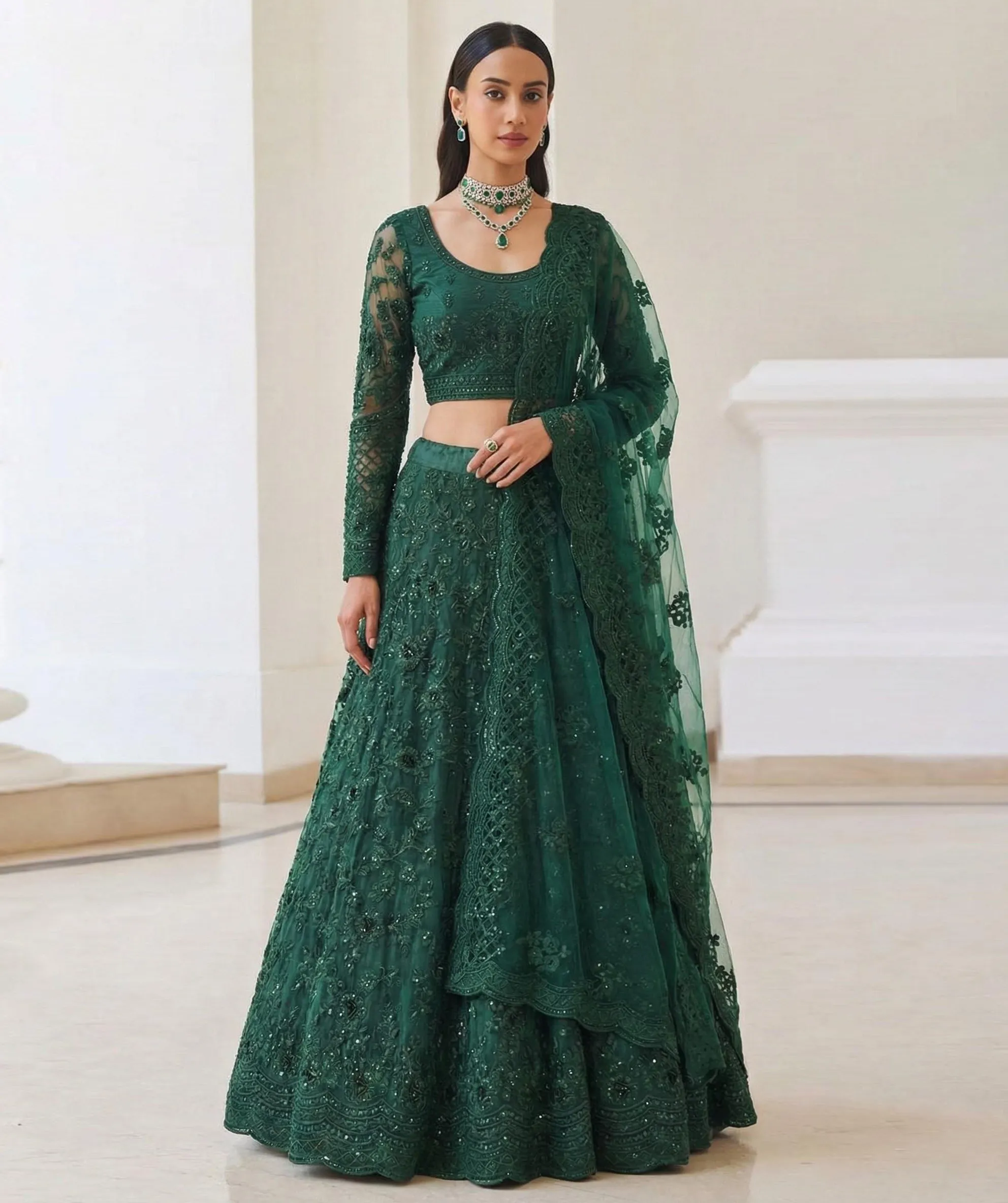 Green Butterfly Net Embroidered Designer Lehenga