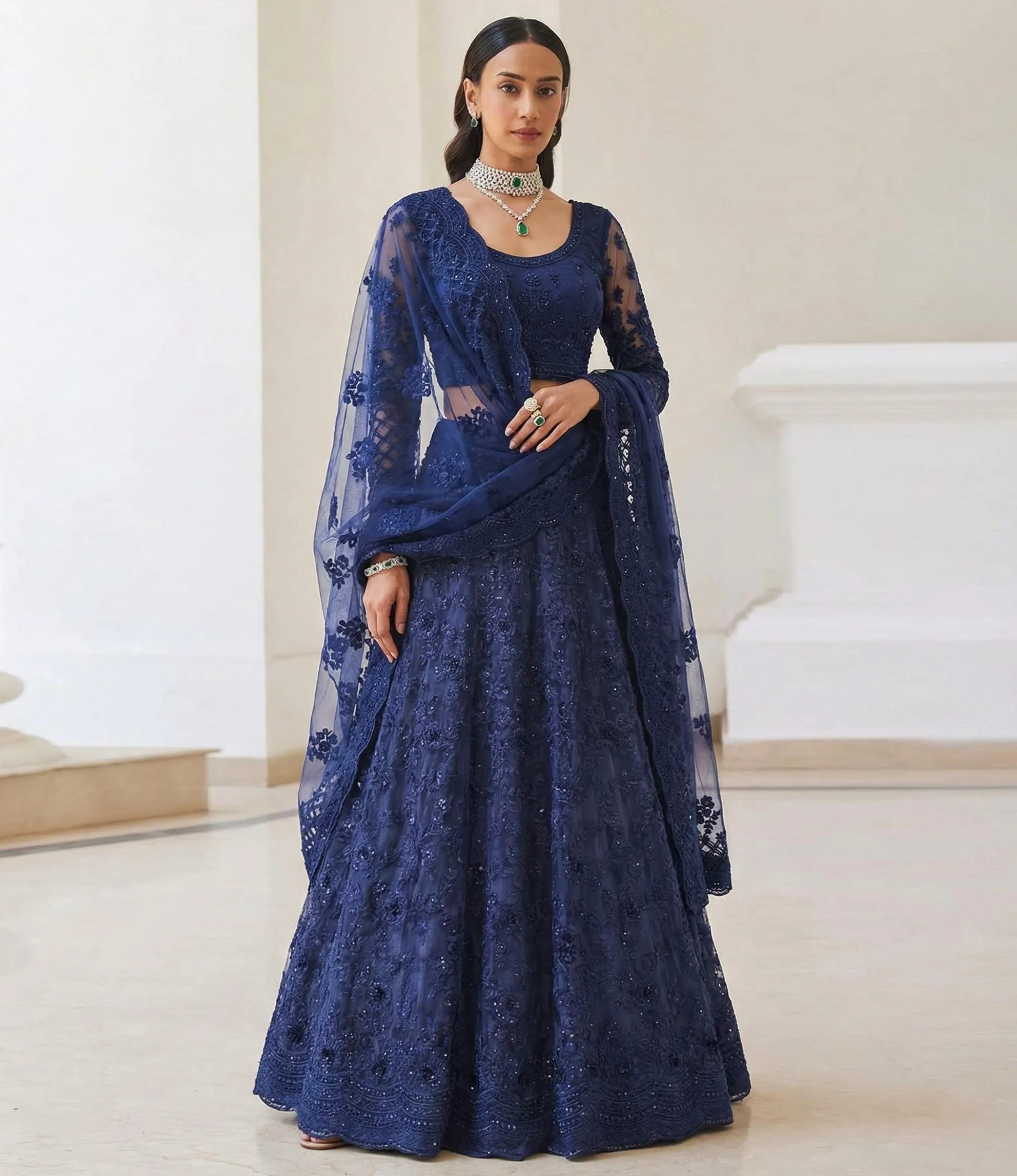 Blue Butterfly Net Embroidered Designer Lehenga