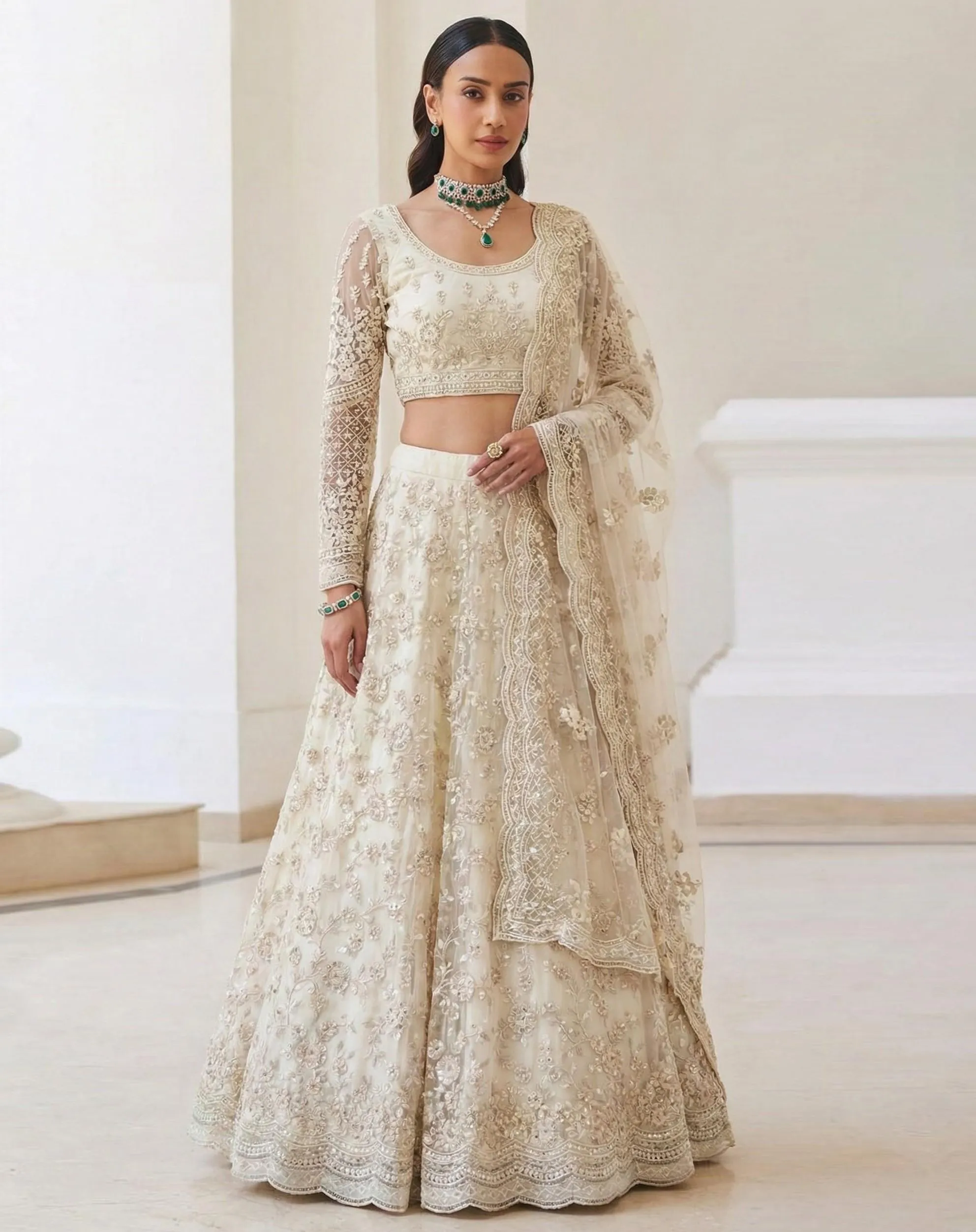 Off White Butterfly Net Embroidered Designer Lehenga