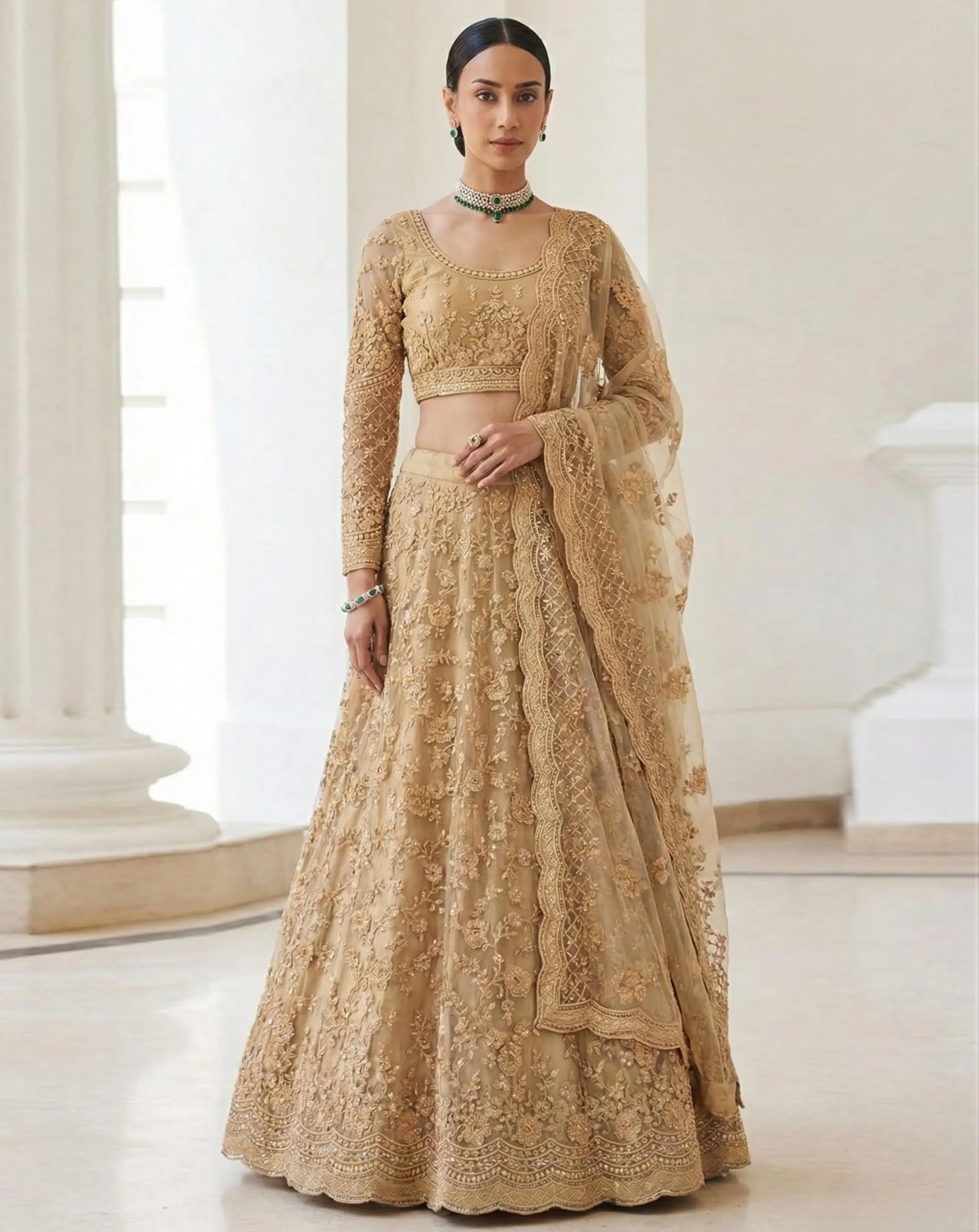 Beige Butterfly Net Embroidered Designer Lehenga