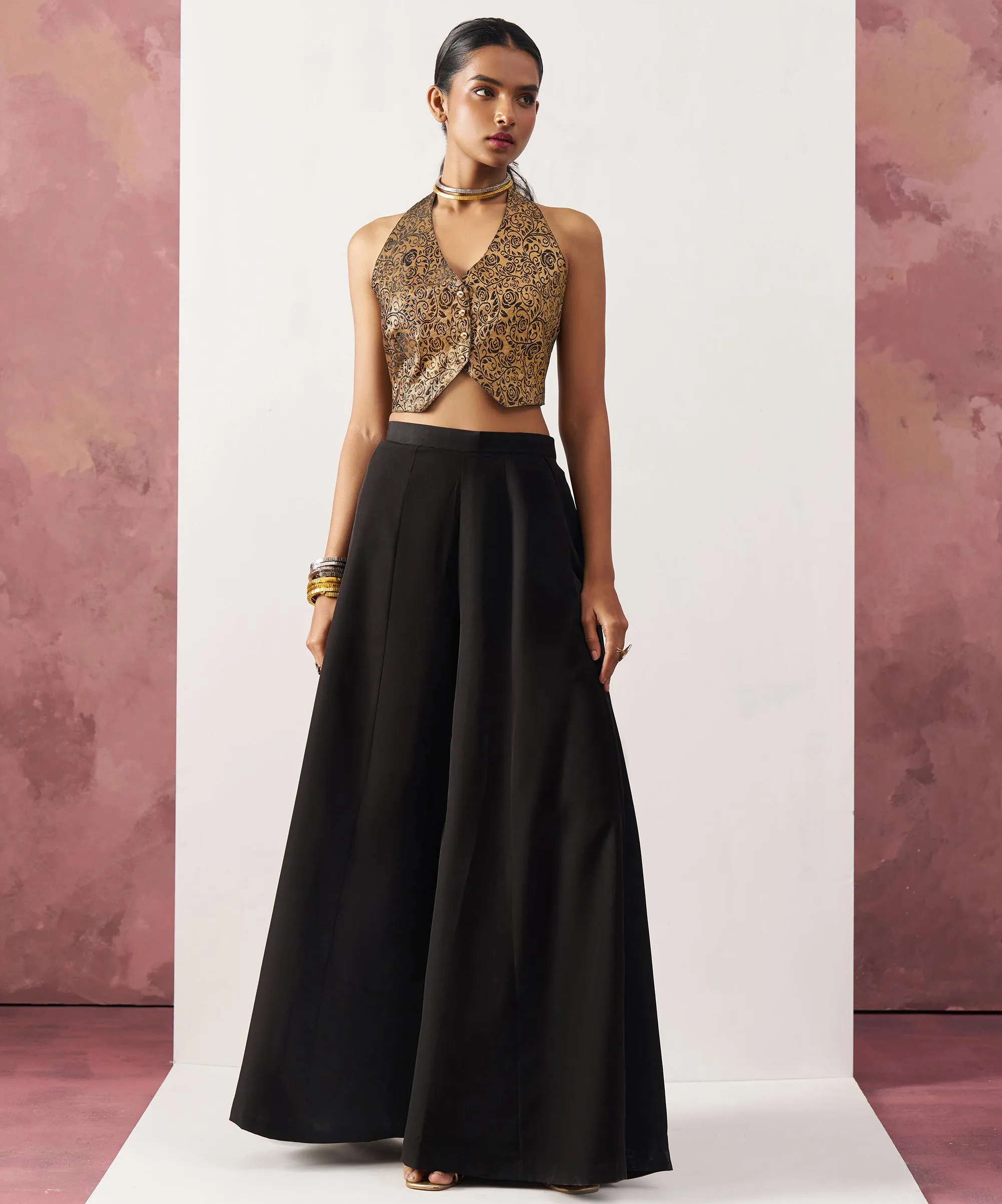 Black Crepe Skirt-Jacquard Waistcoat Indo-Western Set