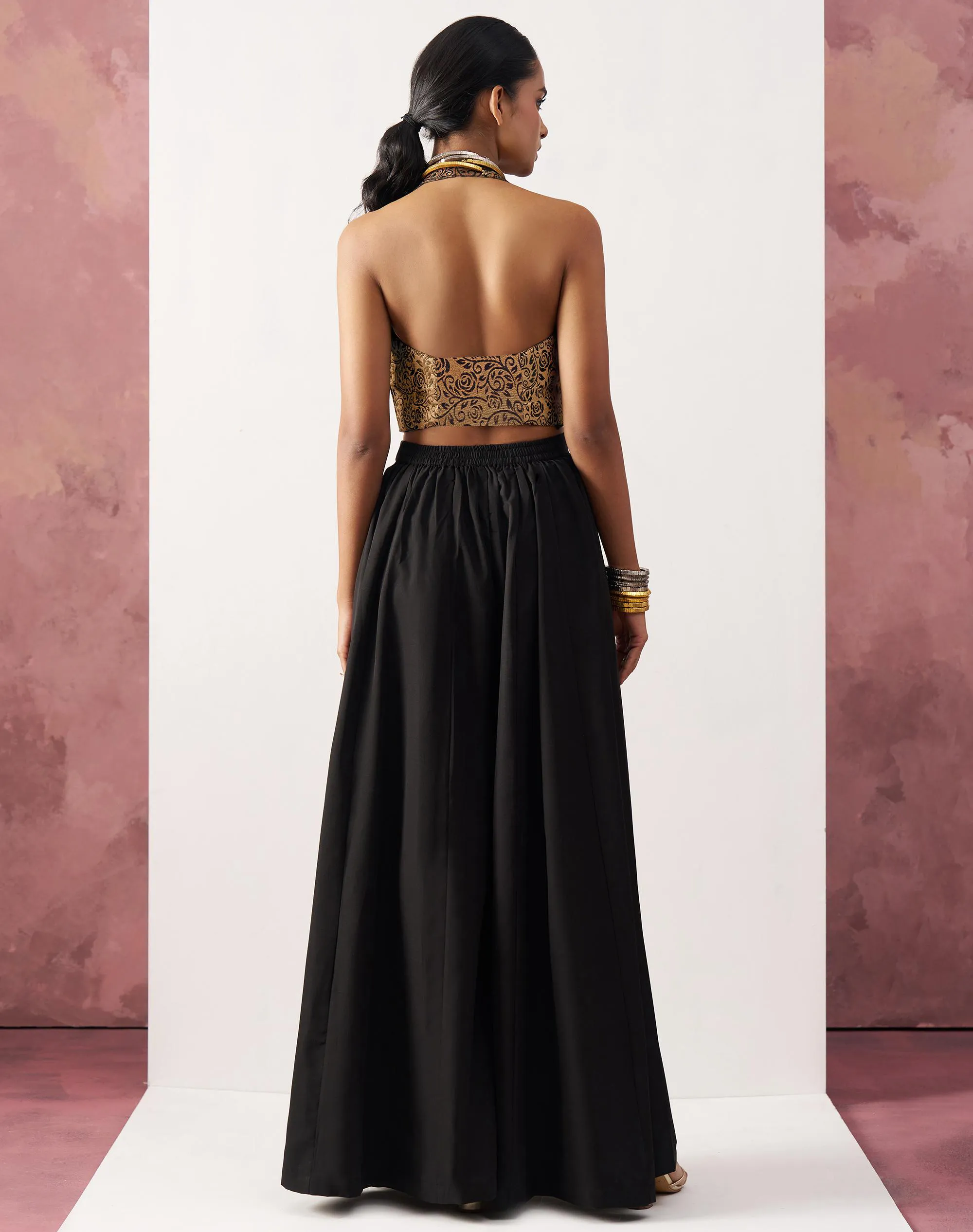 Black Crepe Skirt-Jacquard Waistcoat Indo-Western Set - Image 2