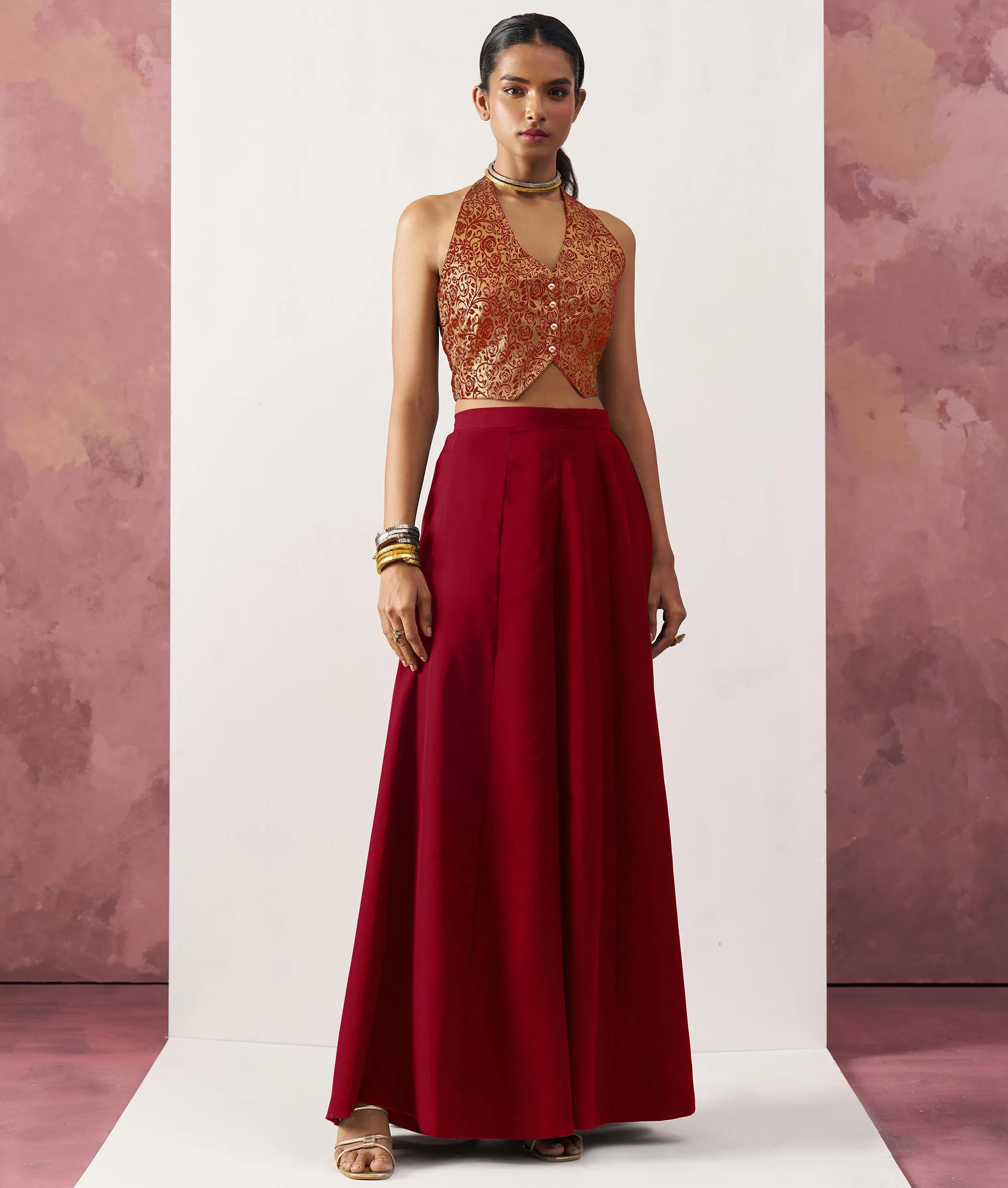 Maroon Crepe Skirt-Jacquard Waistcoat Indo-Western Set