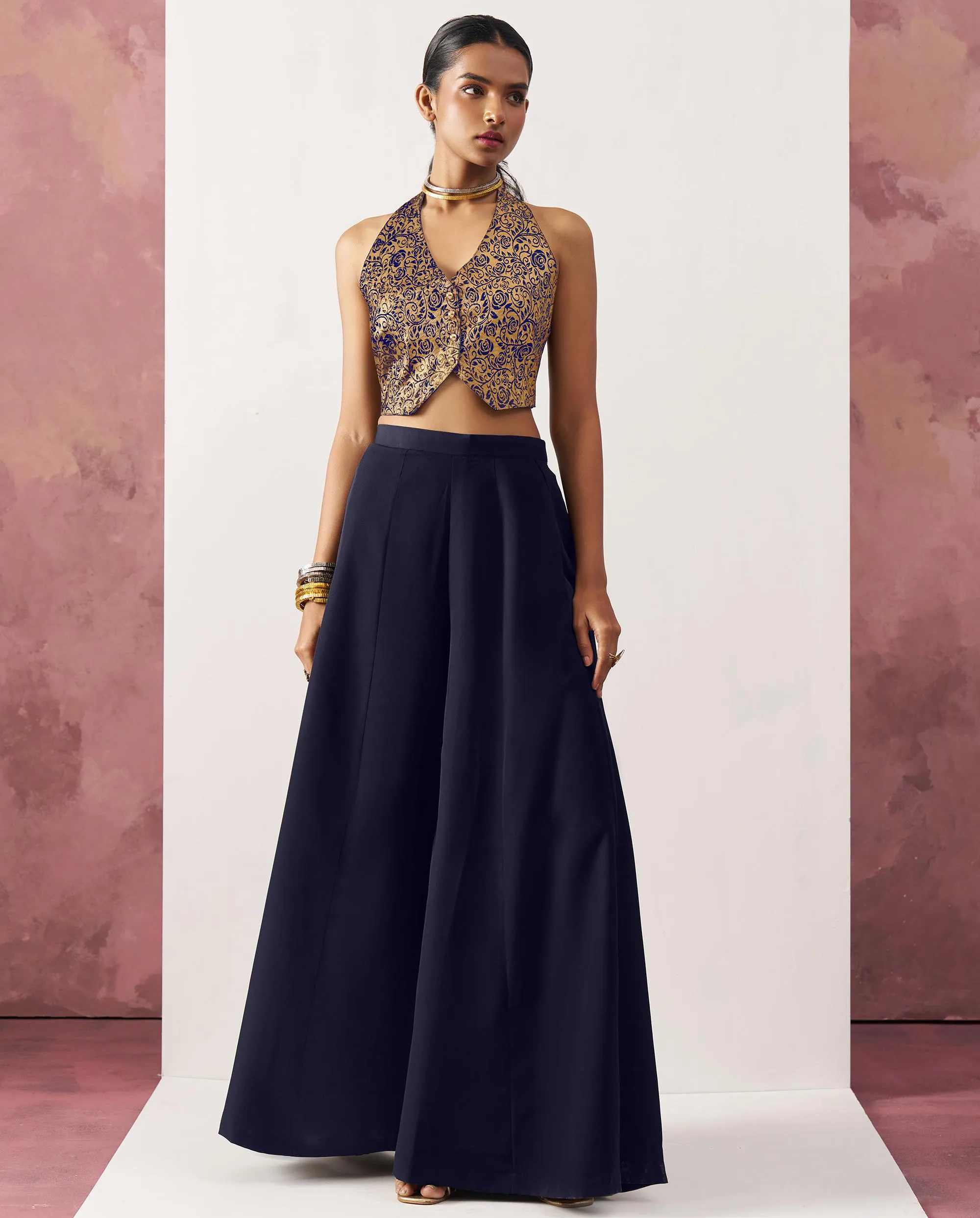 Navy Blue Crepe Skirt-Jacquard Waistcoat Indo-Western Set
