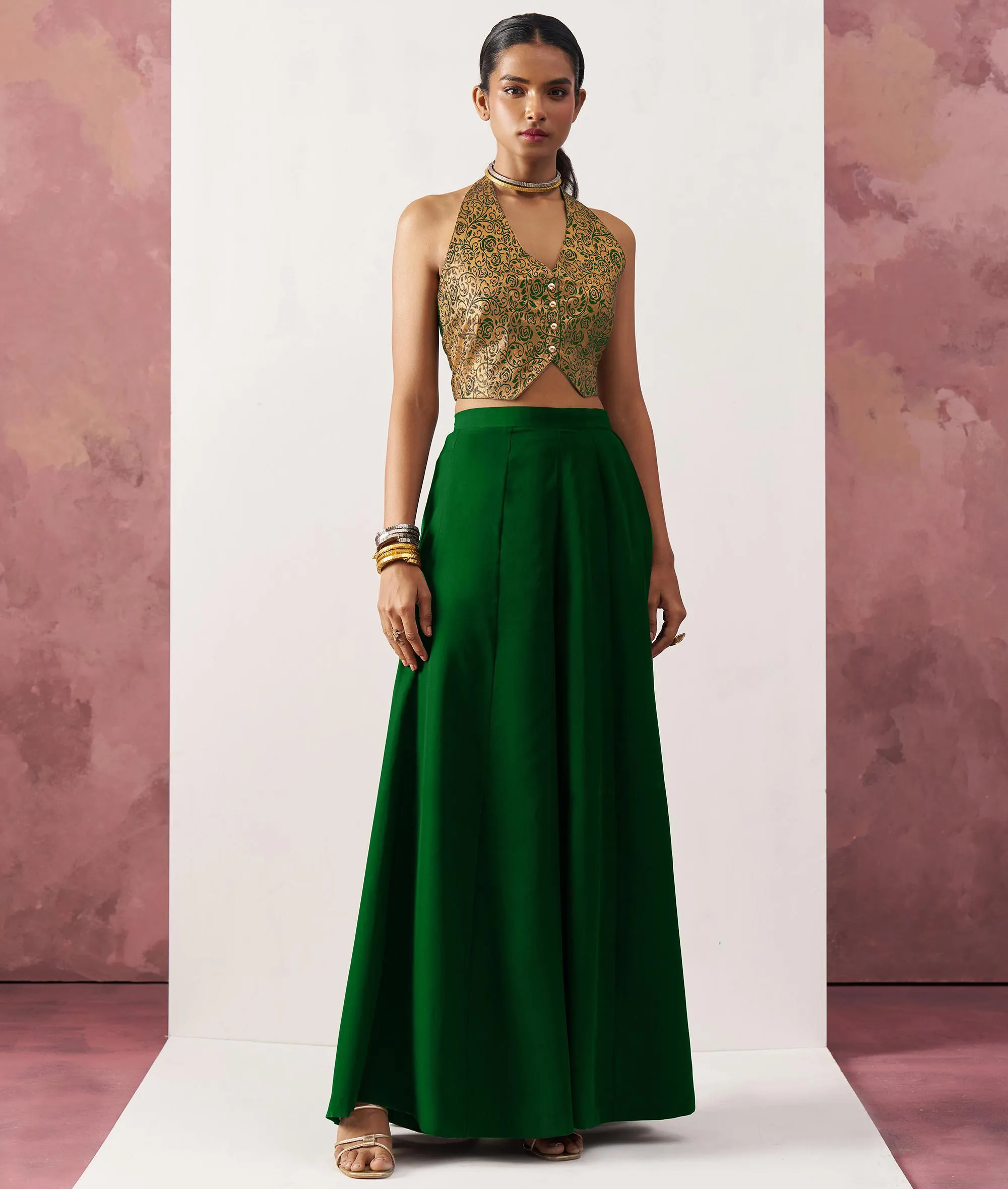 Green Crepe Skirt-Jacquard Waistcoat Indo-Western Set