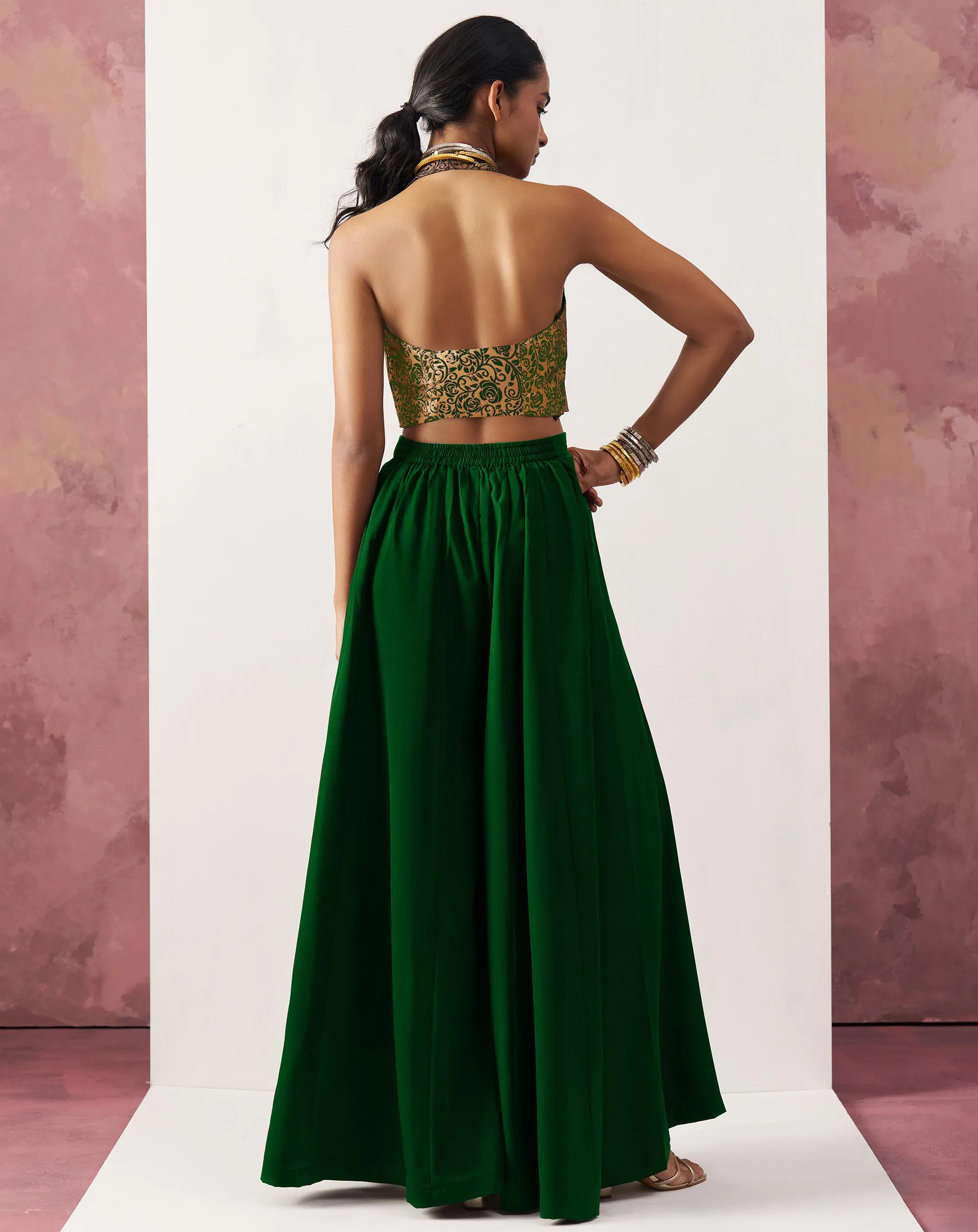 Green Crepe Skirt-Jacquard Waistcoat Indo-Western Set - Image 2