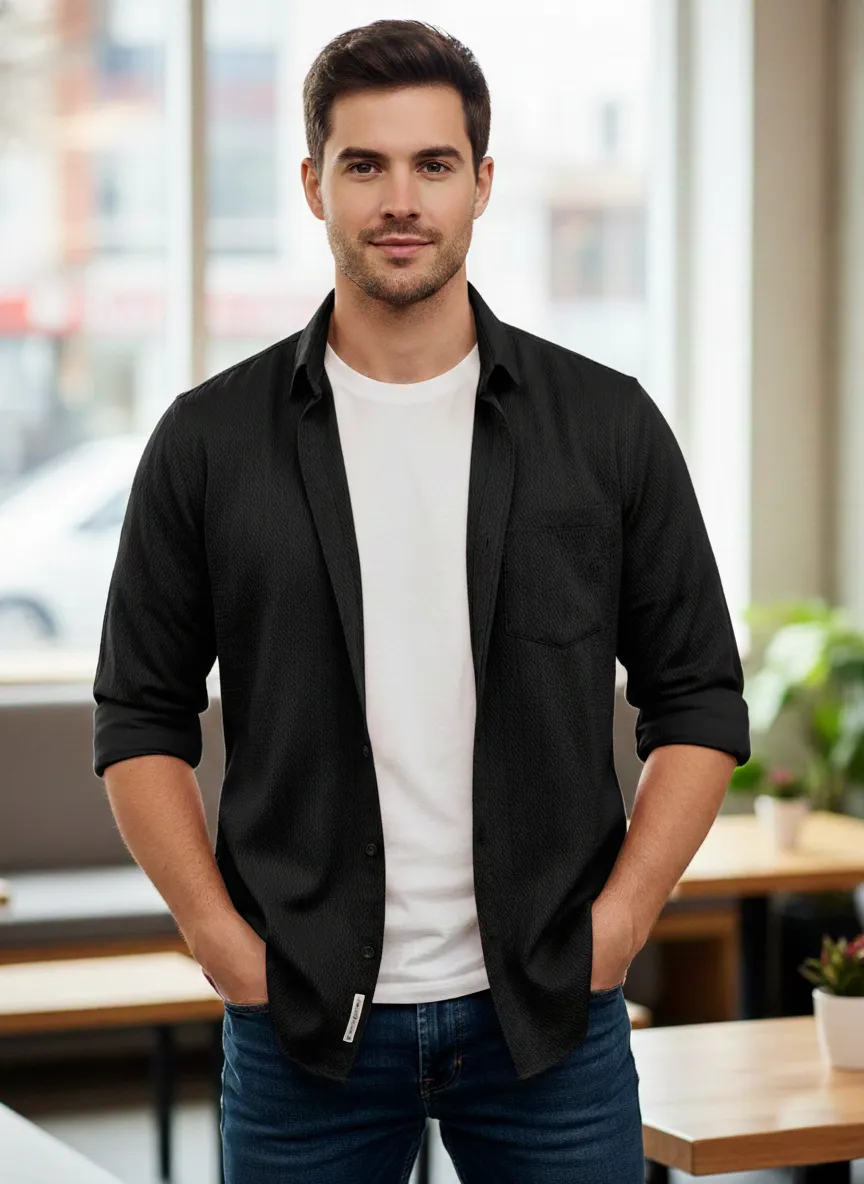 Black Important Fabric Designer Half-Sleeve Shirt