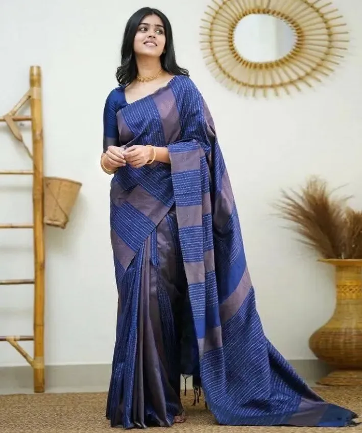 Blue Soft Lichi Silk Jacquard Work Saree
