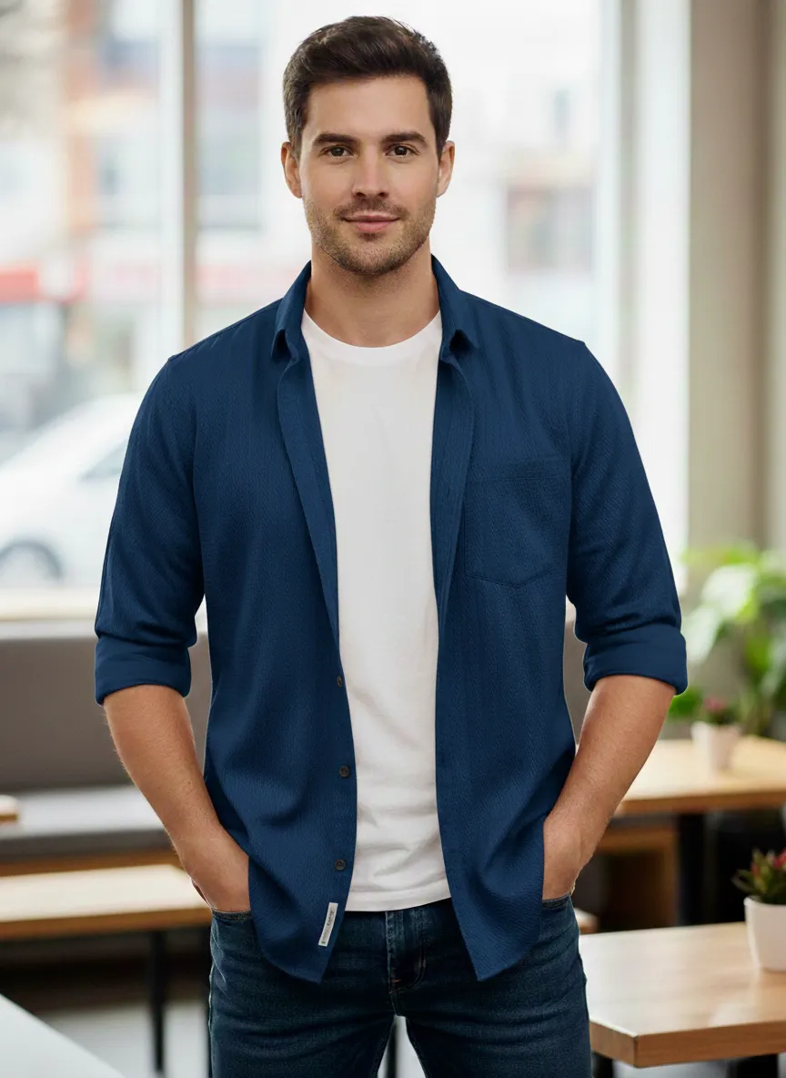 Blue Important Fabric Designer Half-Sleeve Shirt