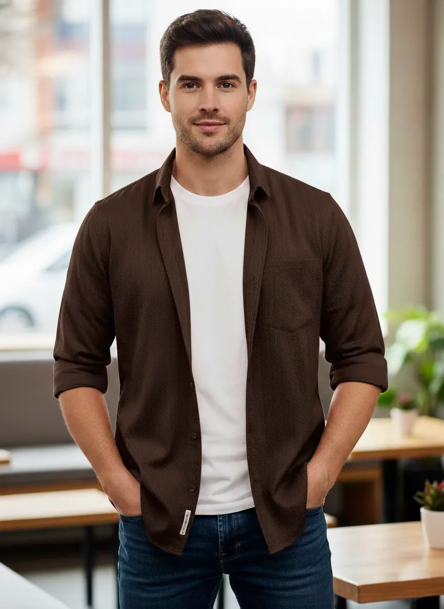 Brown Important Fabric Designer Half-Sleeve Shirt