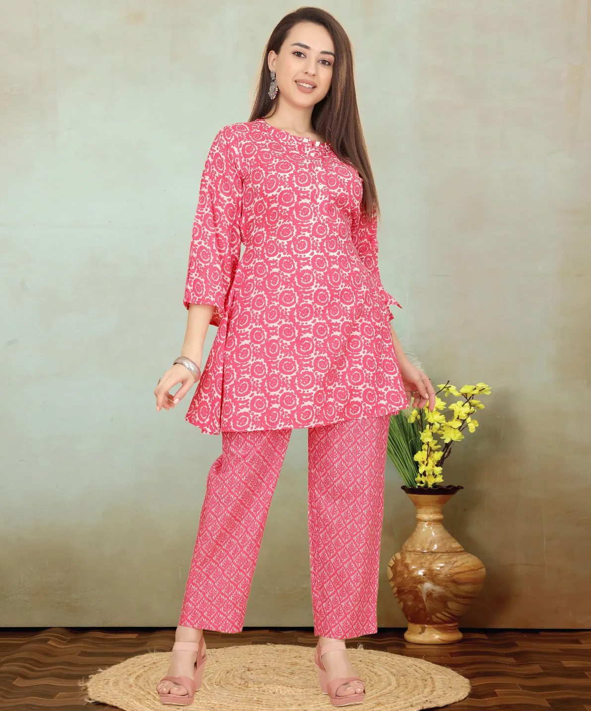 Peach Cotton Blend Printed Kurti With Pant