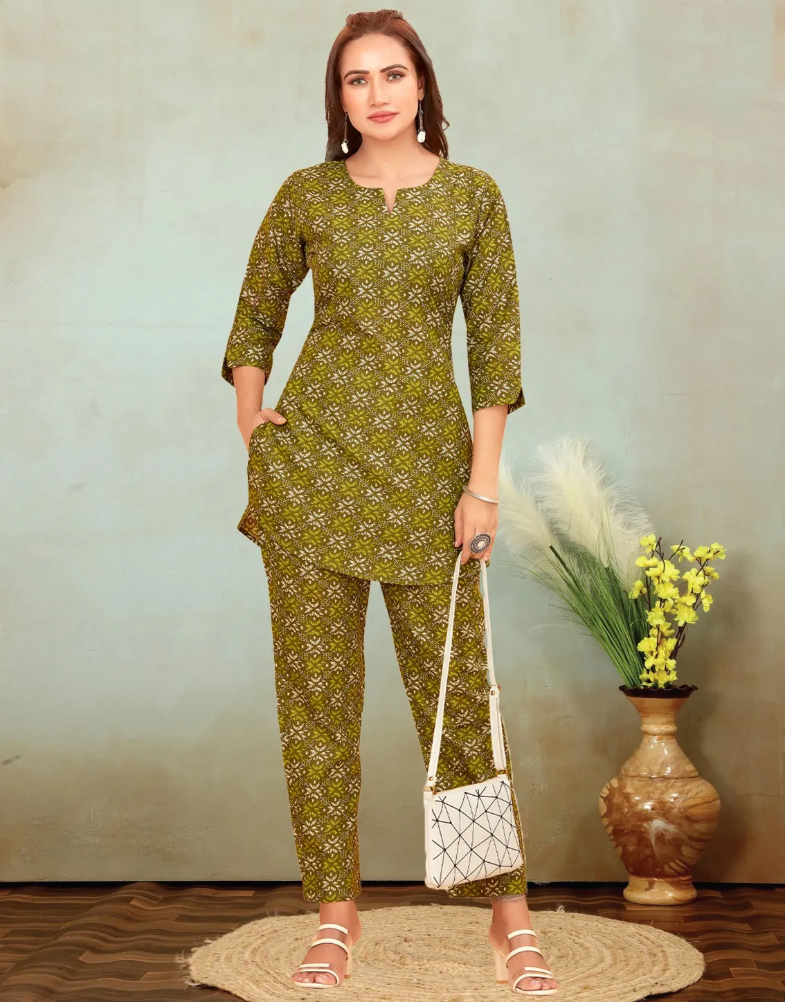 Olive Green Cotton Printed Co-ord Set