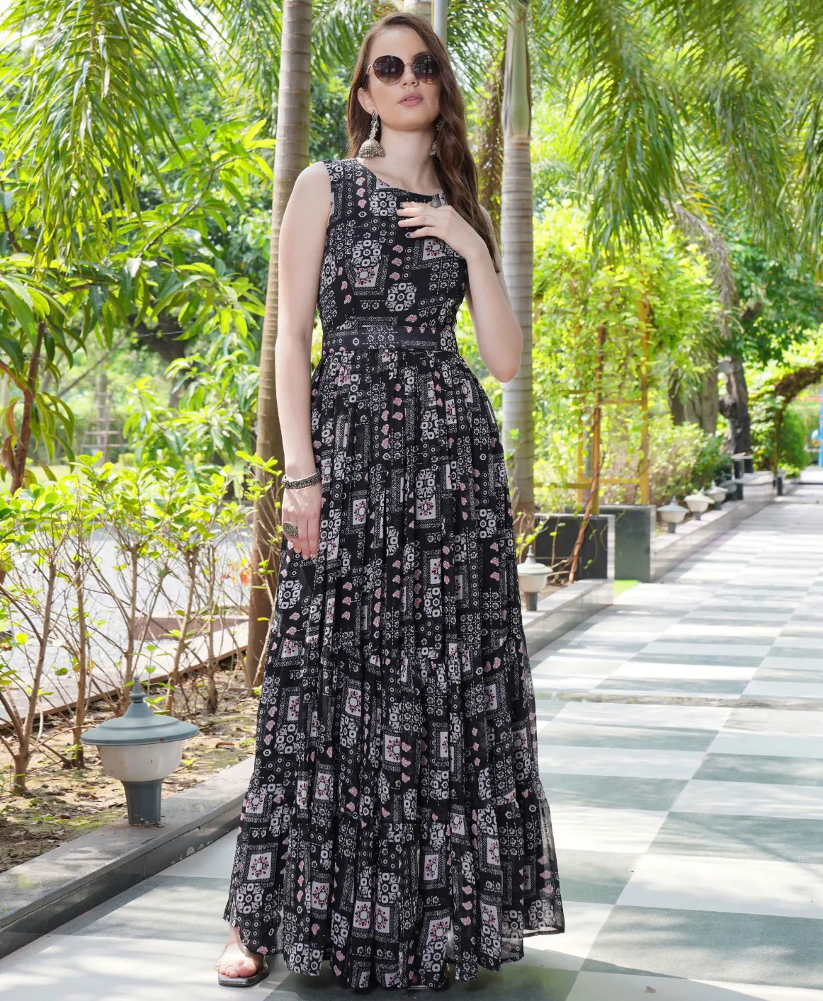 Black Georgette Floral Printed Gown With Belt