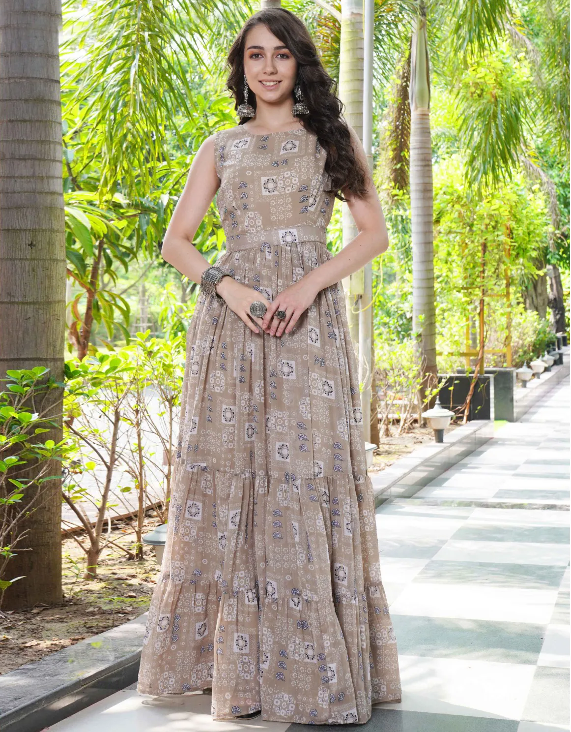 Beige Georgette Floral Printed Gown With Belt