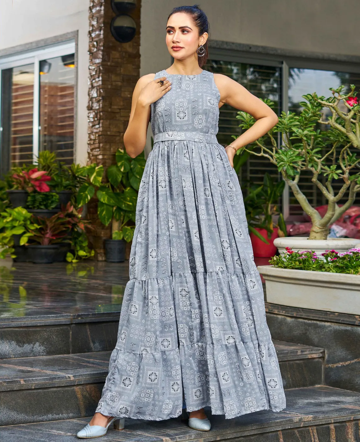 Grey Georgette Floral Printed Gown With Belt