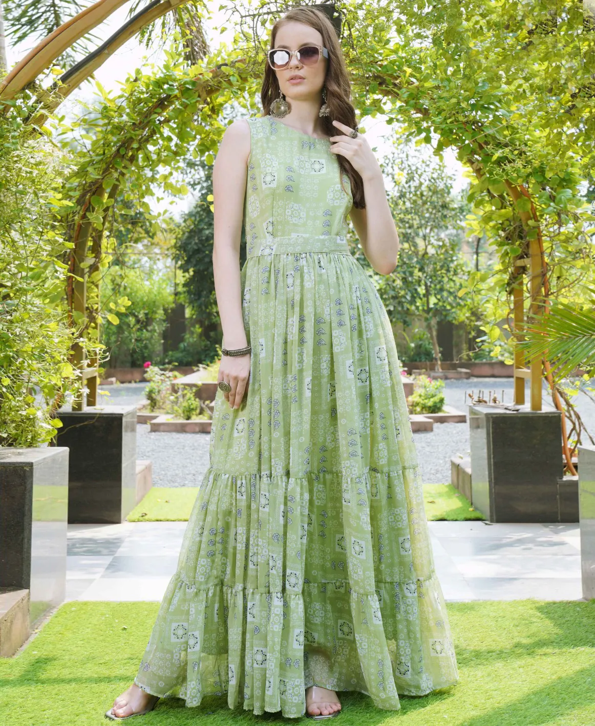 Mint Green Georgette Floral Printed Gown With Belt