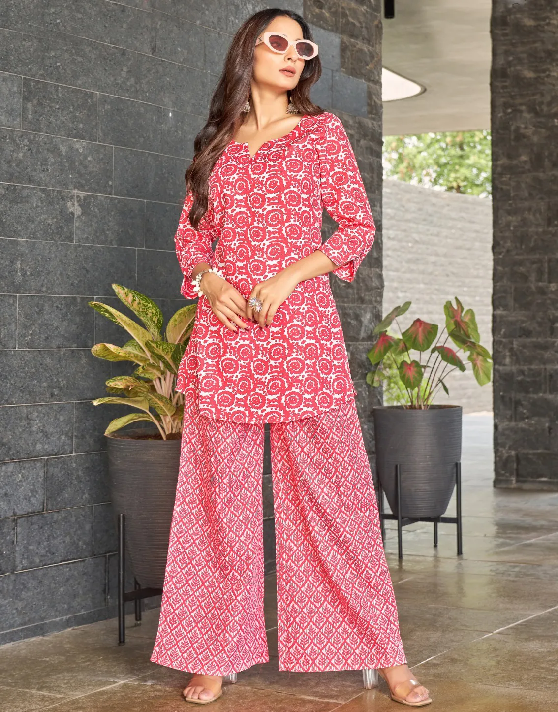 Pink Poly Cotton Printed Kurti With Plazzo