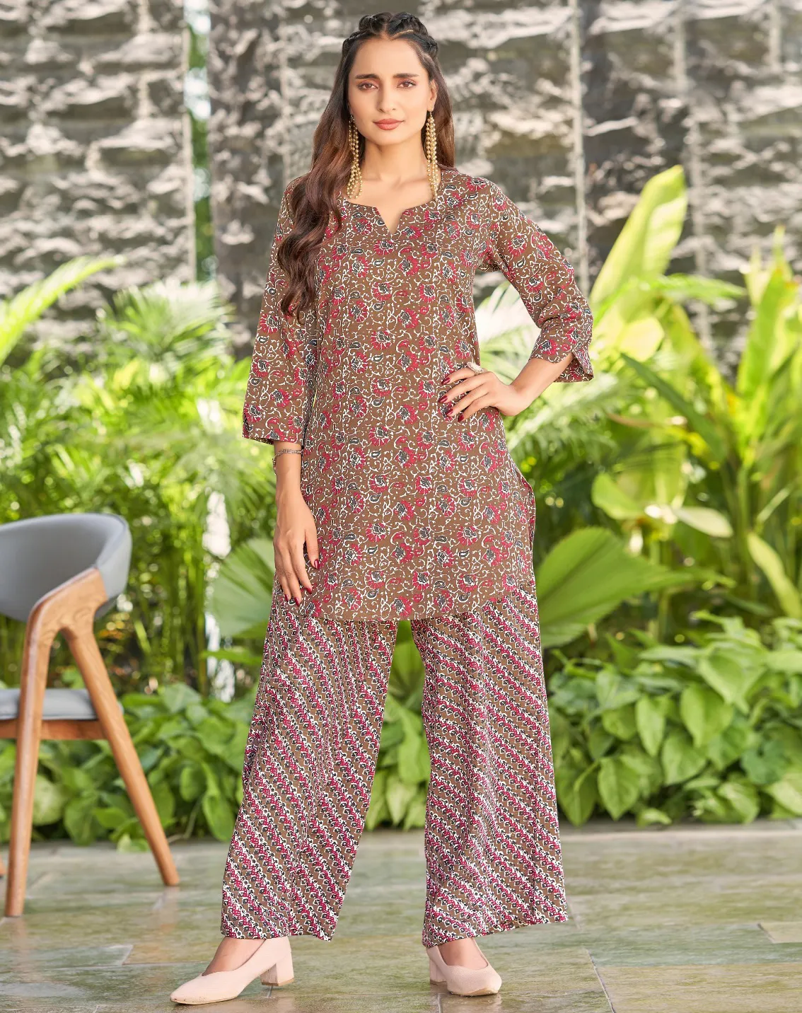 Brown Poly Cotton Printed Kurti With Plazzo