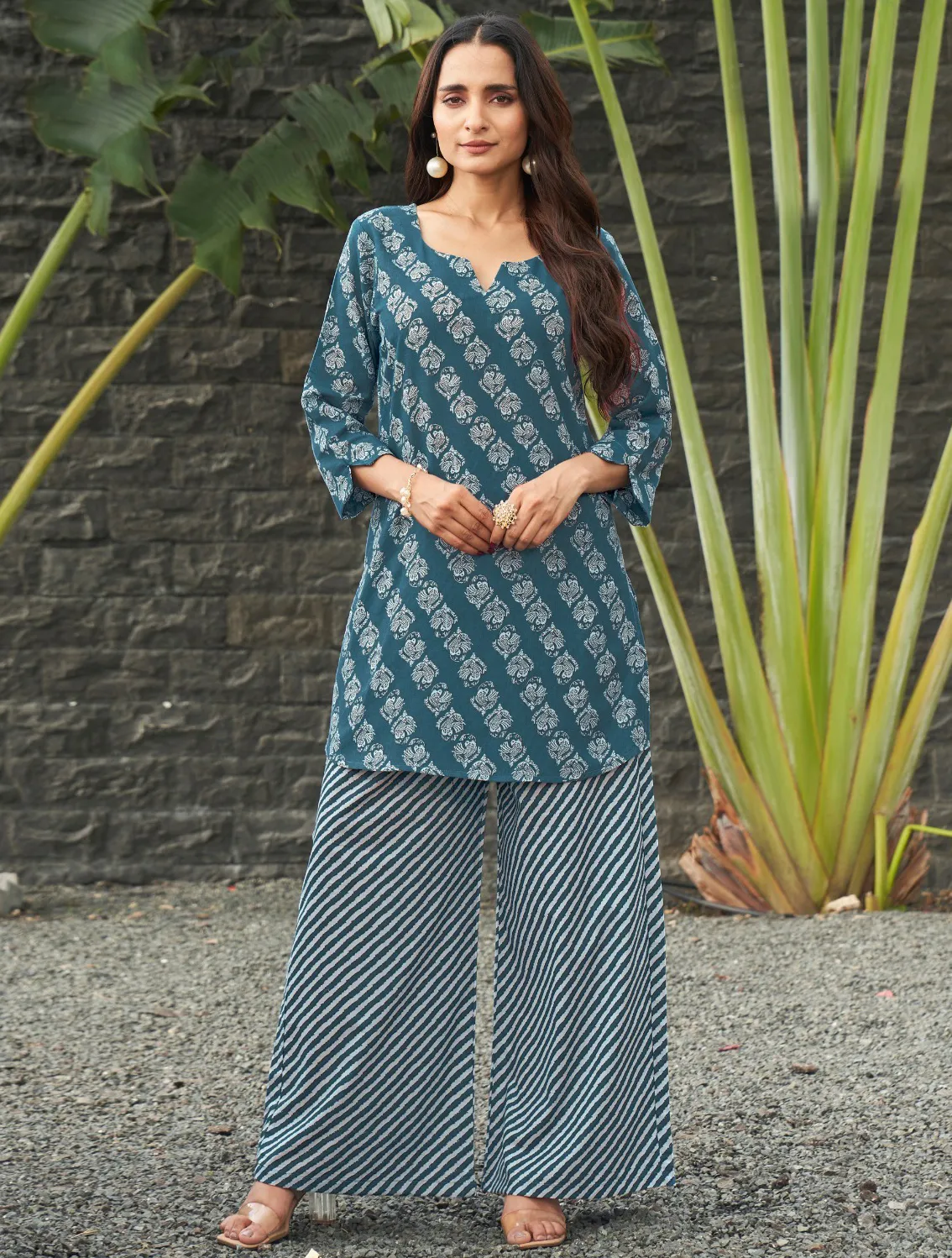 Blue Poly Cotton Printed Kurti With Plazzo