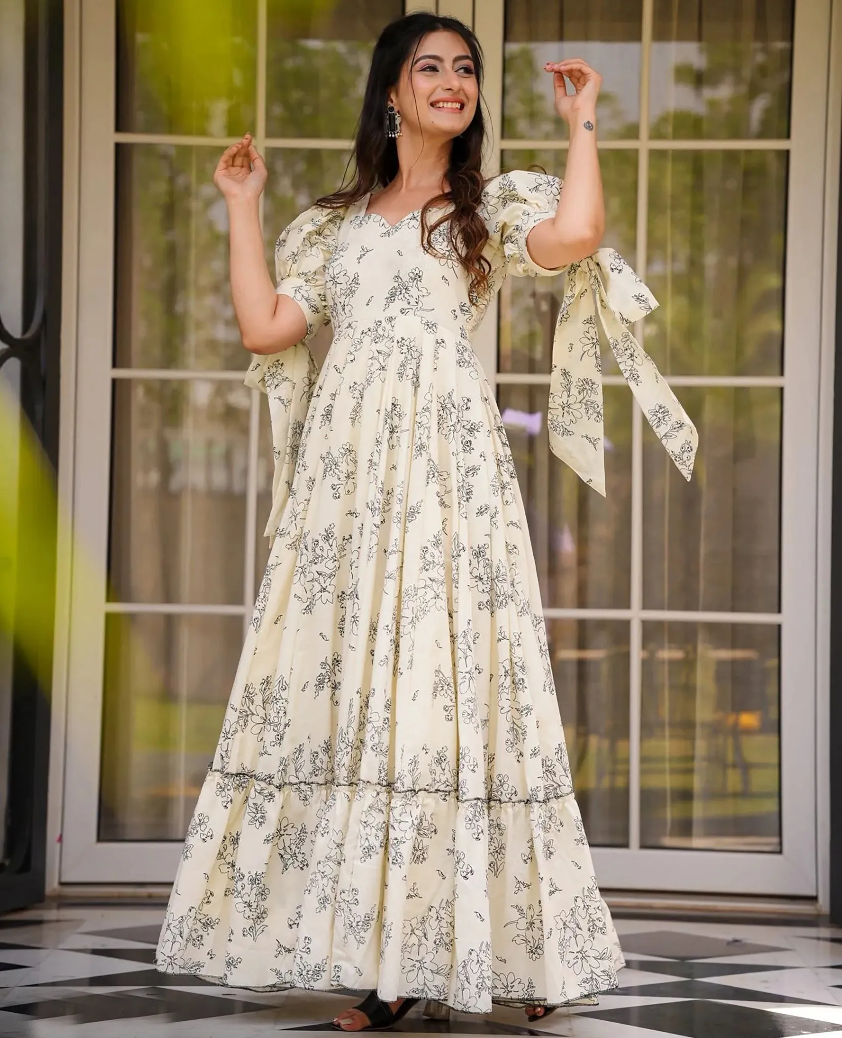 Cream Rayon Digital Printed Anarkali Gown