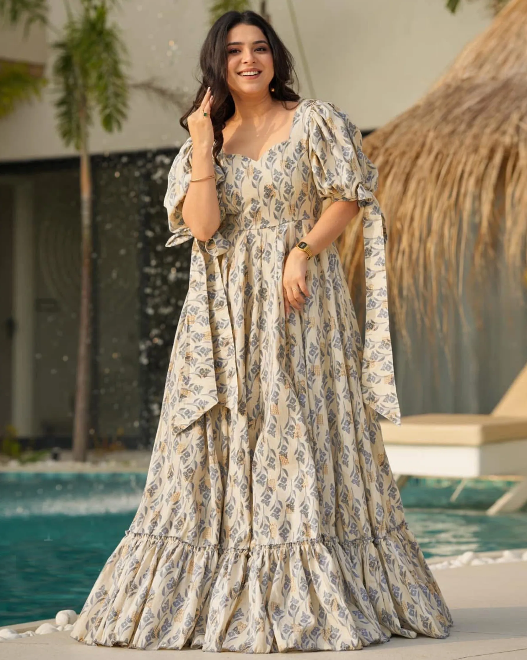 Beige Rayon Digital Printed Anarkali Gown