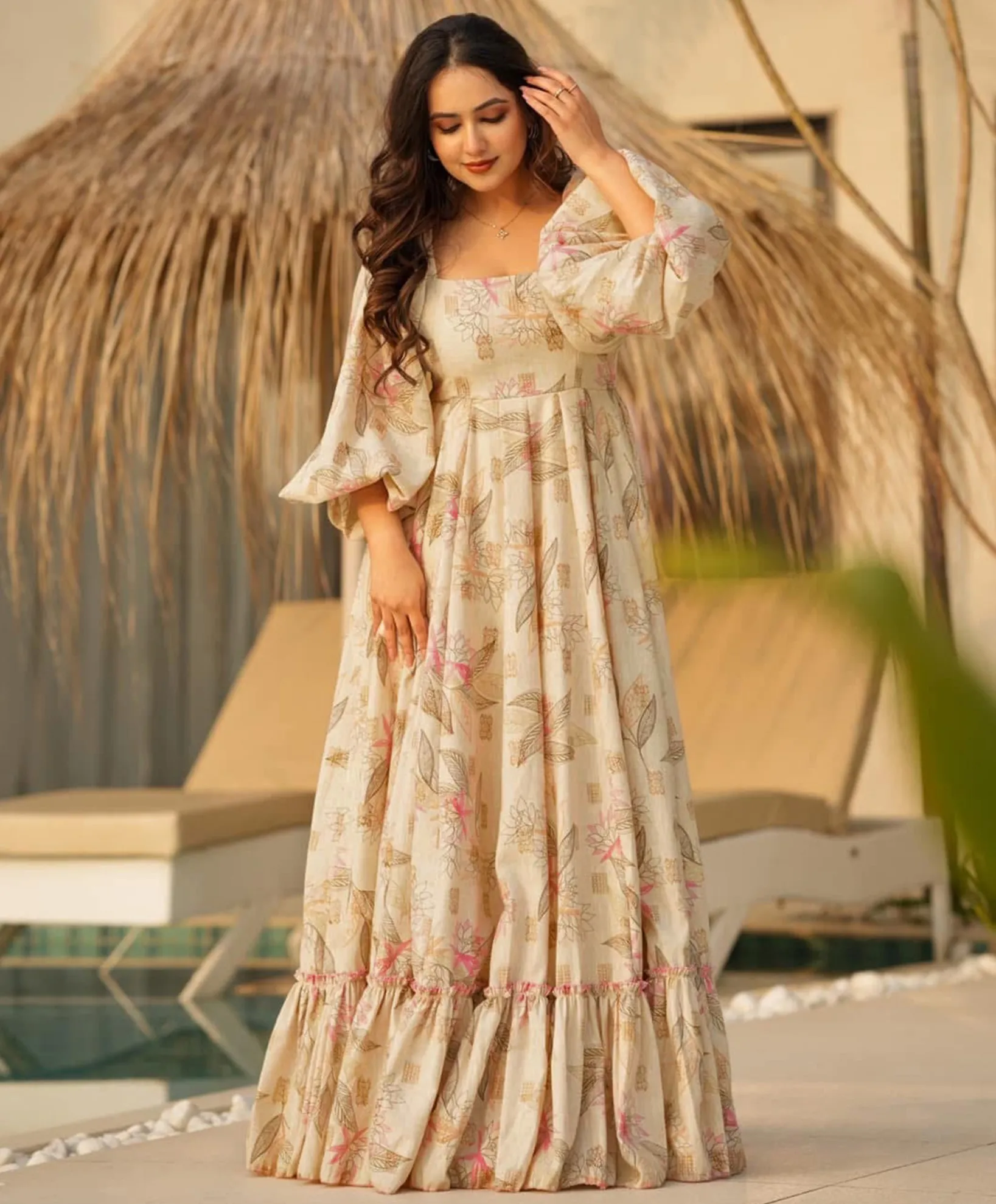 Cream Rayon Digital Printed Anarkali Gown