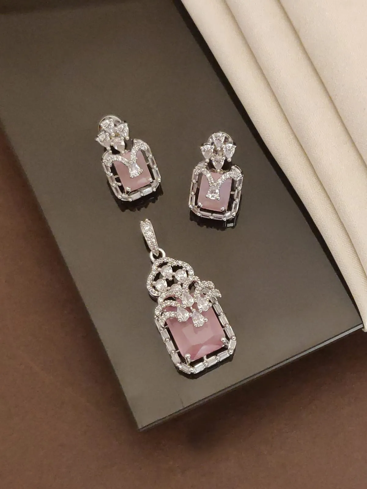 Pink Stone American Diamond Pendant Set