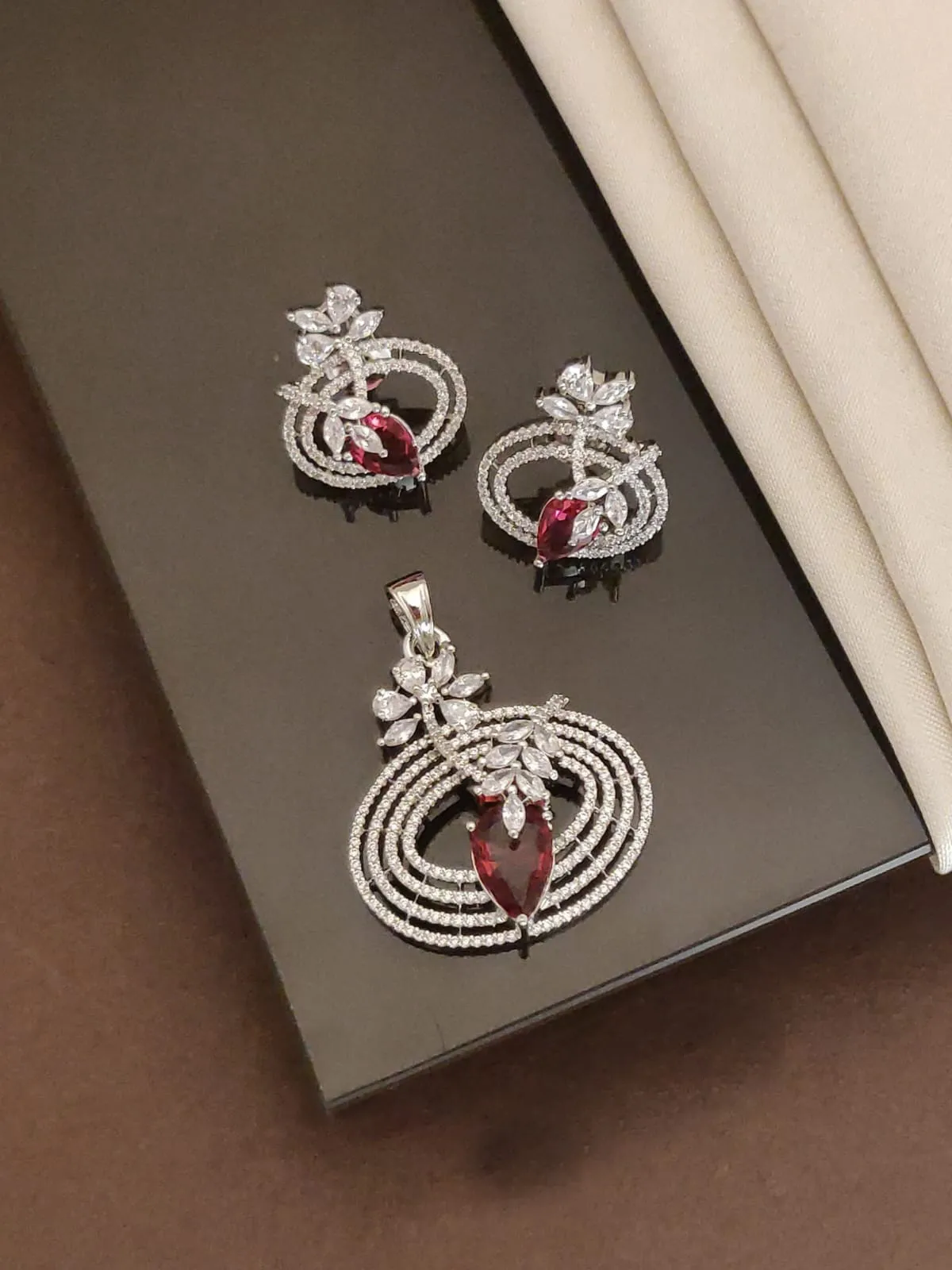 Ruby Red American Diamond Pendant Set