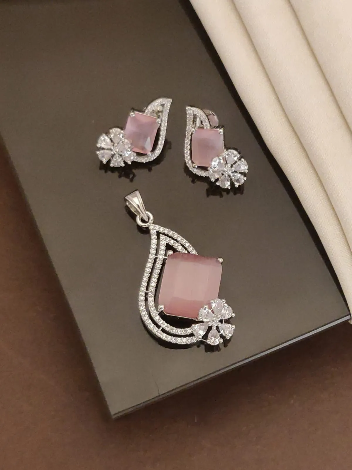 Rose Pink American Diamond (AD) Pendant Set