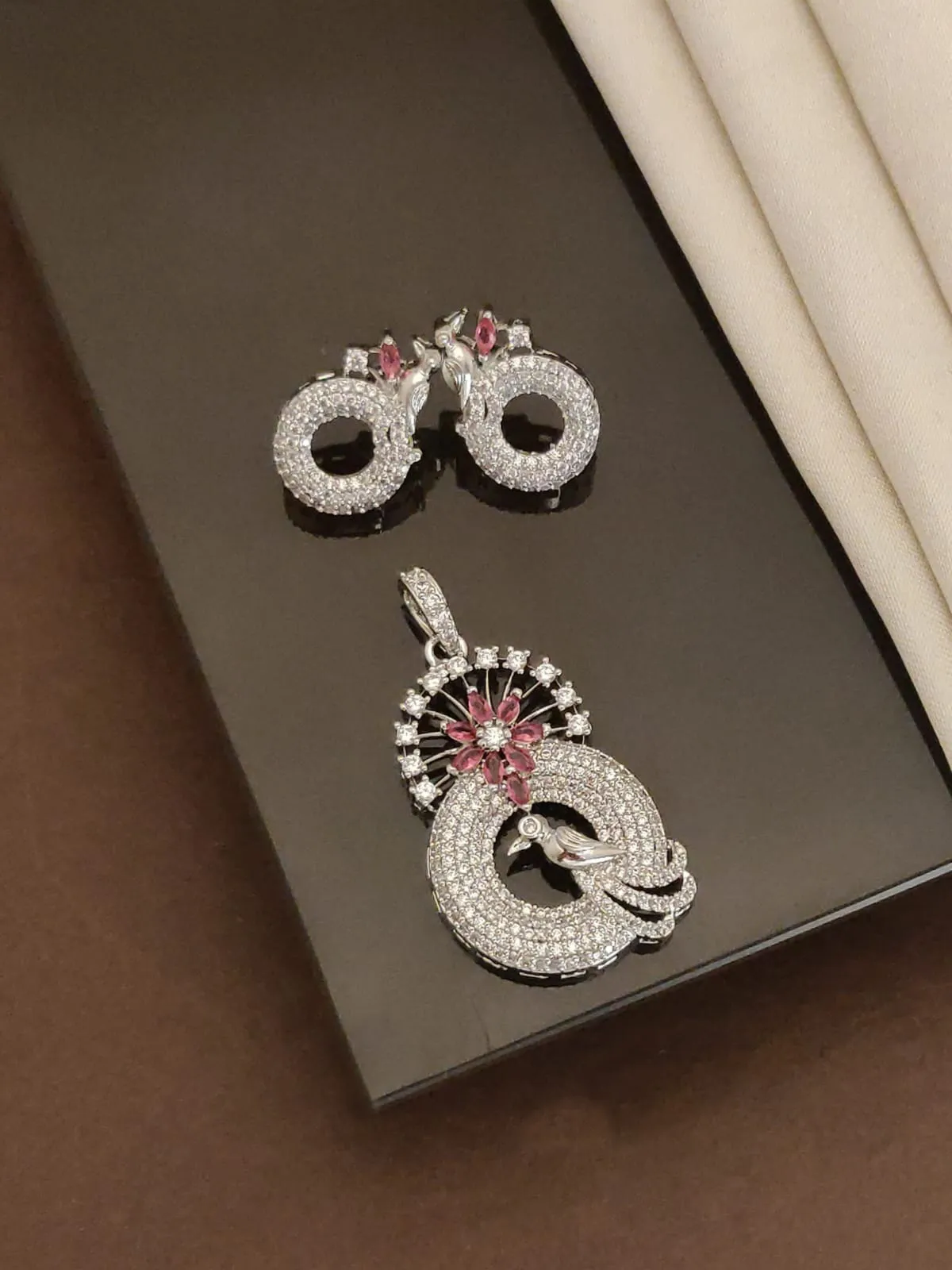 Peacock-Inspired American Diamond (AD) Pendant Set