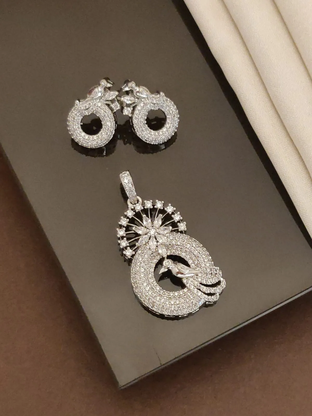 White Peacock-Inspired American Diamond (AD) Pendant Set