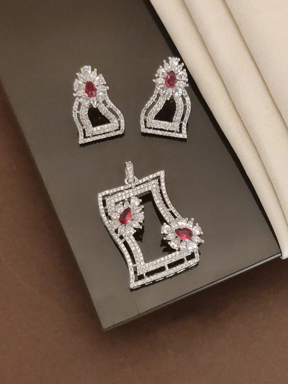 Ruby Red American Diamond (AD) Pendant Set