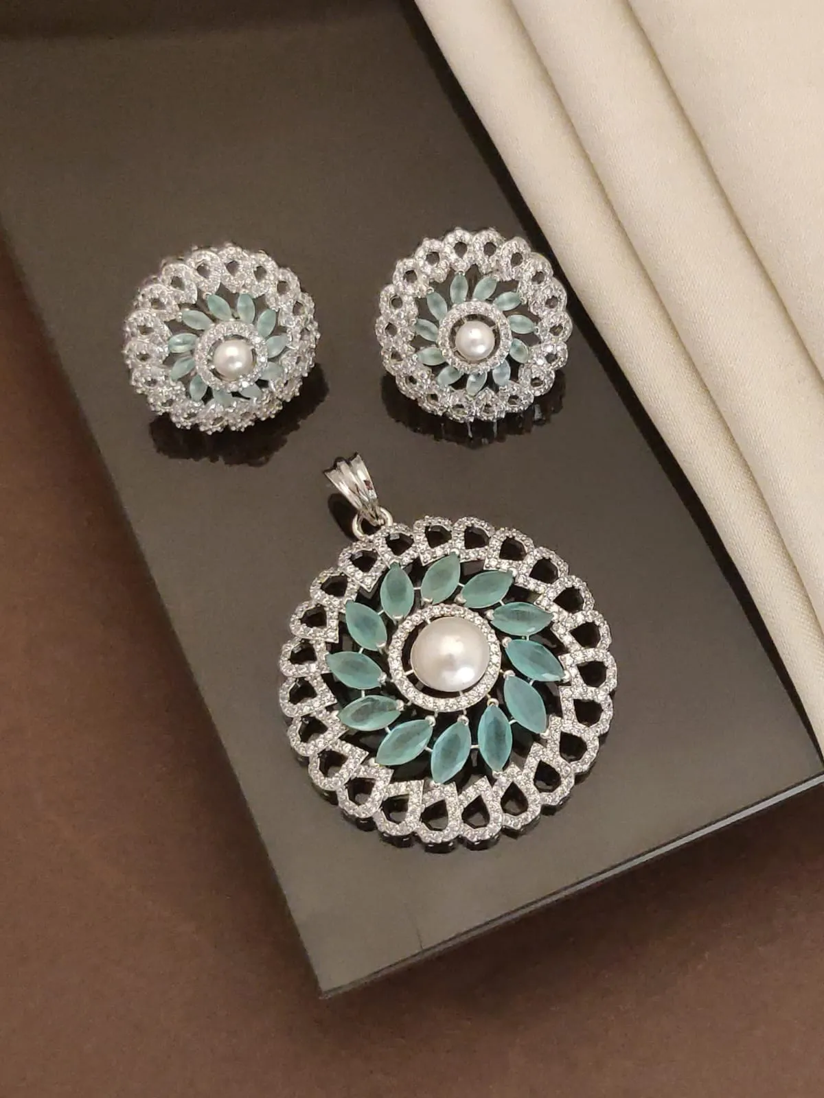 Mint Green Pearl American Diamond (AD) Floral Set