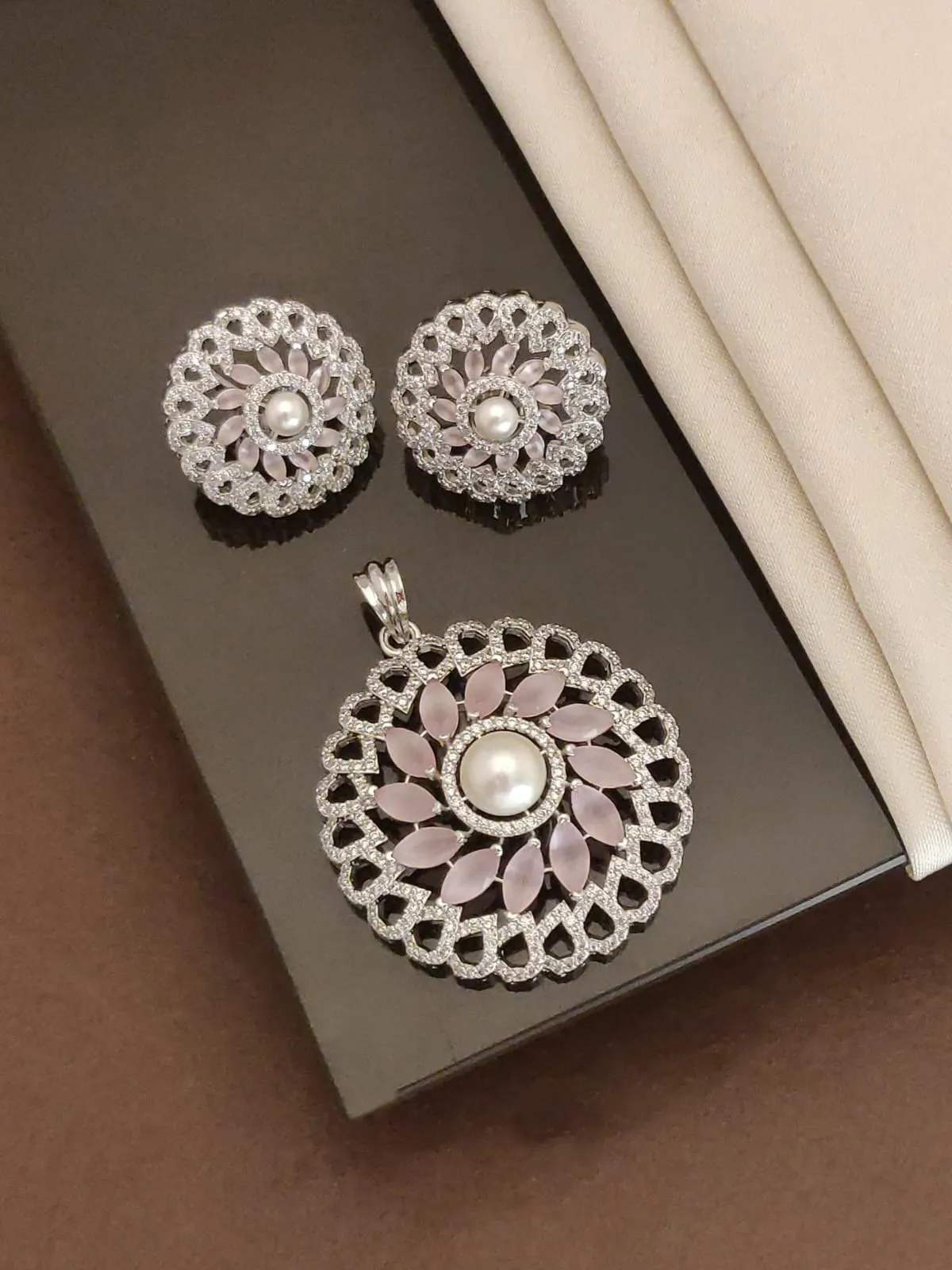 Rose Pink Pearl American Diamond (AD) Floral Set