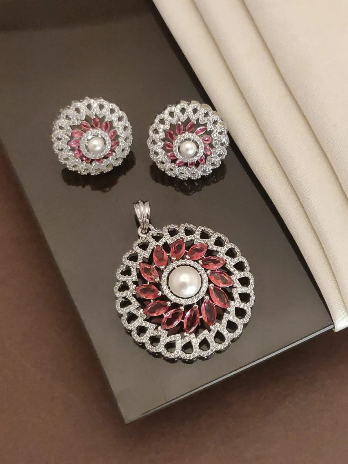 Ruby Red Pearl American Diamond (AD) Floral Set