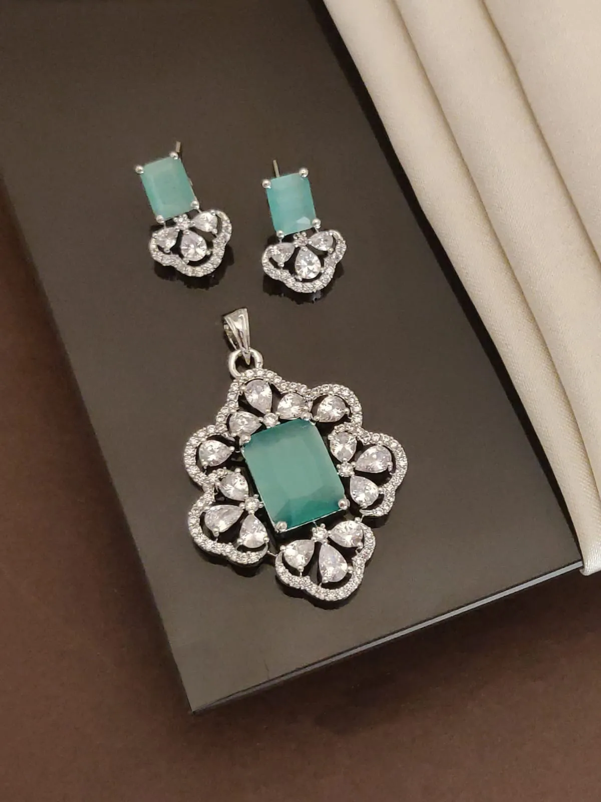 Aqua/Mint Green American Diamond (AD) Pendant Set
