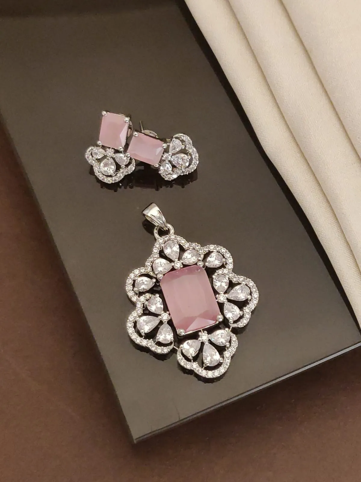 Light Pink American Diamond (AD) Pendant Set